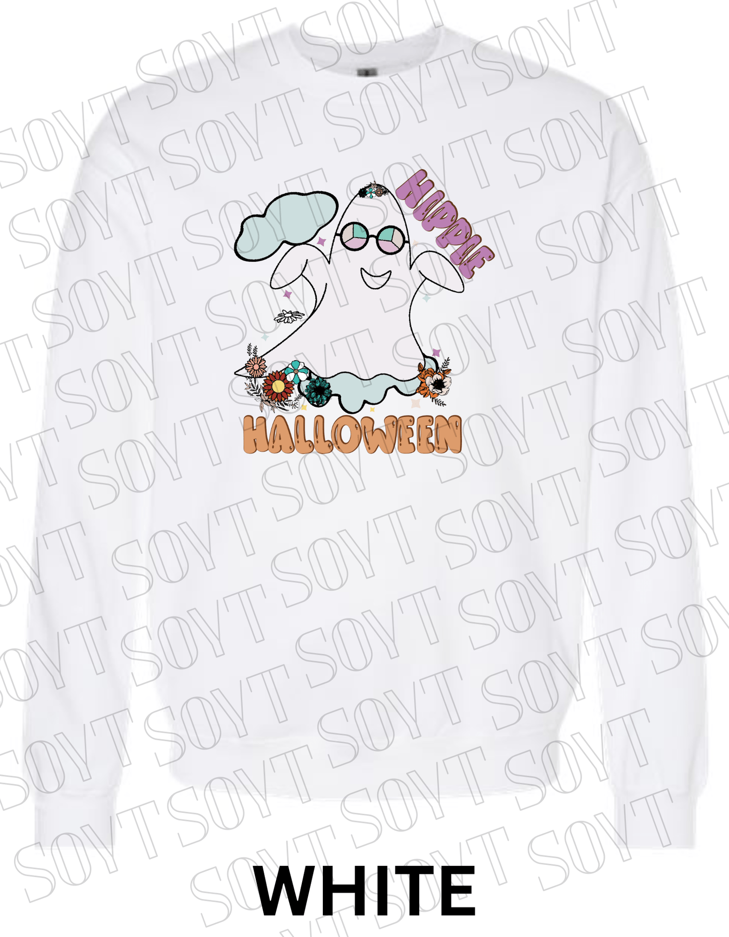 Spooky Groovy Halloween Sweatshirt – Retro Ghost with Guitar, Rainbow & Mushroom Fleece Pullover - Festive Apparel StoreWhite