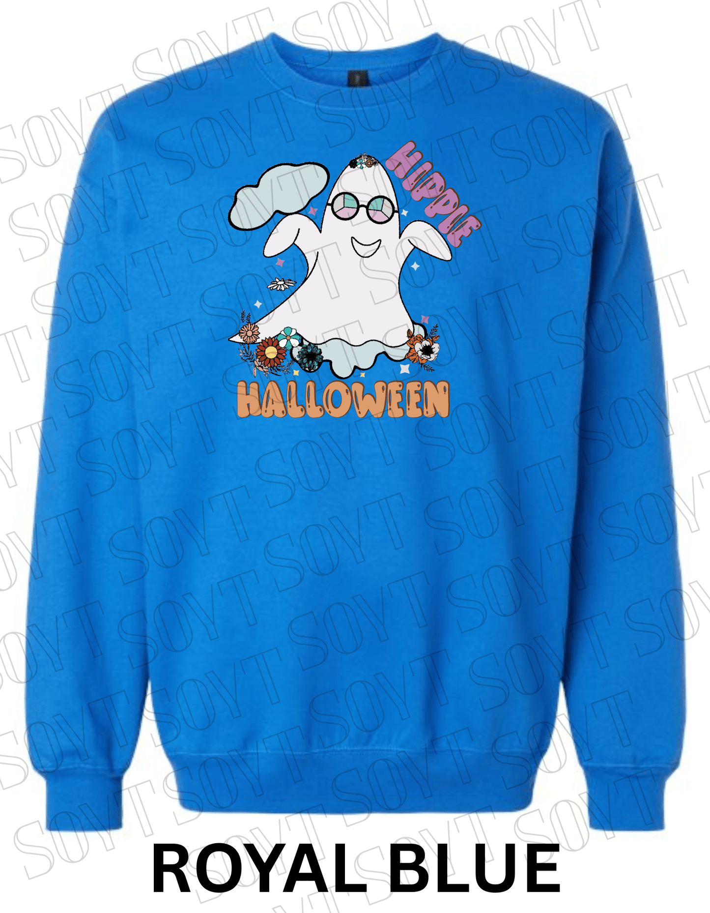 Spooky Groovy Halloween Sweatshirt – Retro Ghost with Guitar, Rainbow & Mushroom Fleece Pullover - Festive Apparel StoreRoyal Blue