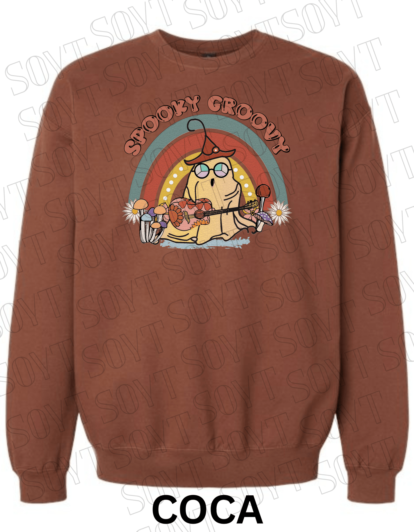 Spooky Groovy Halloween Sweatshirt – Retro Ghost with Guitar, Rainbow & Mushroom Fleece Pullover - Festive Apparel StoreCocoa Brown