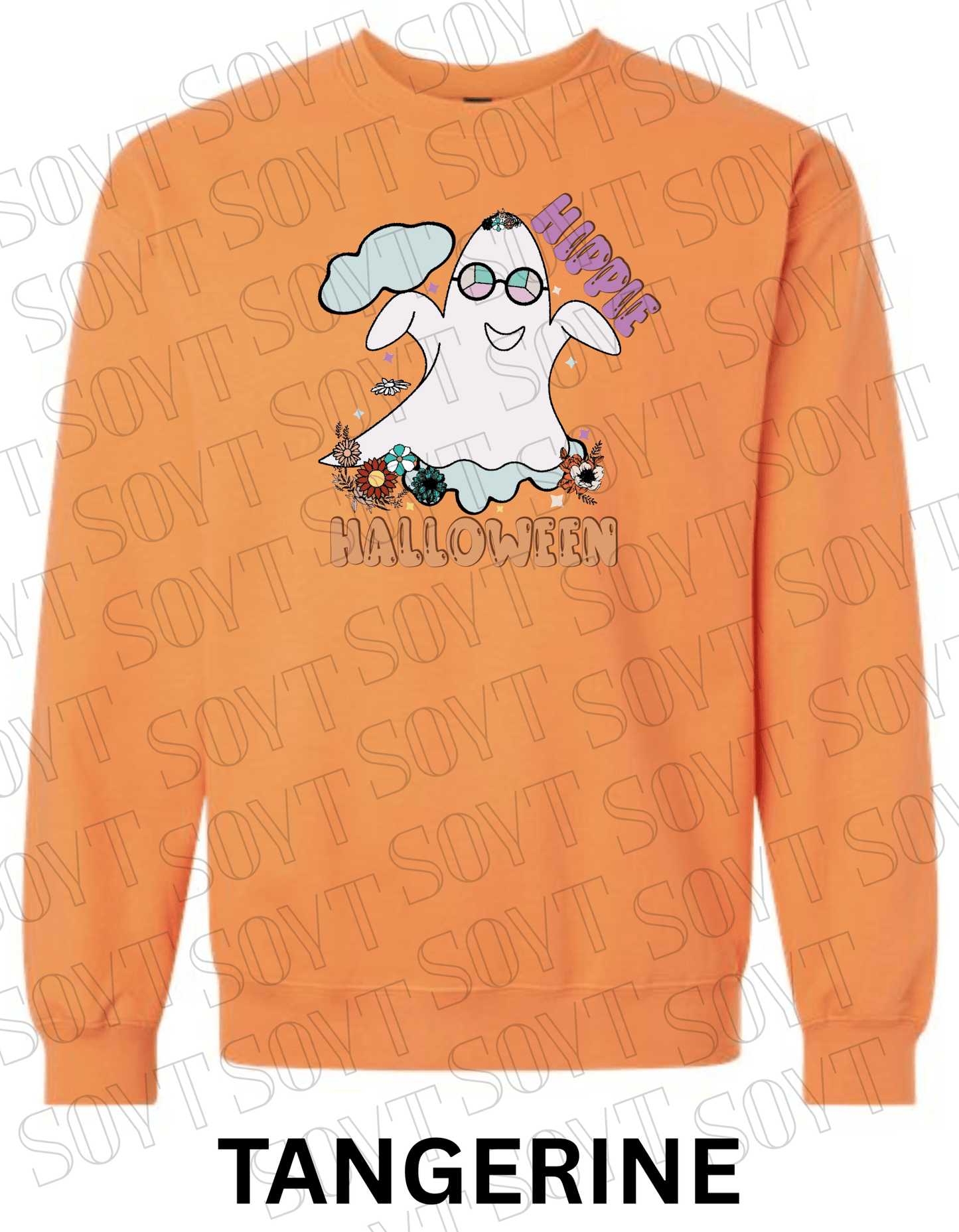 Spooky Groovy Halloween Sweatshirt – Retro Ghost with Guitar, Rainbow & Mushroom Fleece Pullover - Festive Apparel StoreTangerine