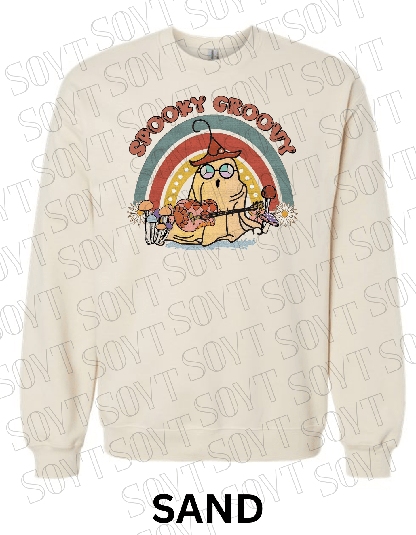 Spooky Groovy Halloween Sweatshirt – Retro Ghost with Guitar, Rainbow & Mushroom Fleece Pullover - Festive Apparel StoreSand