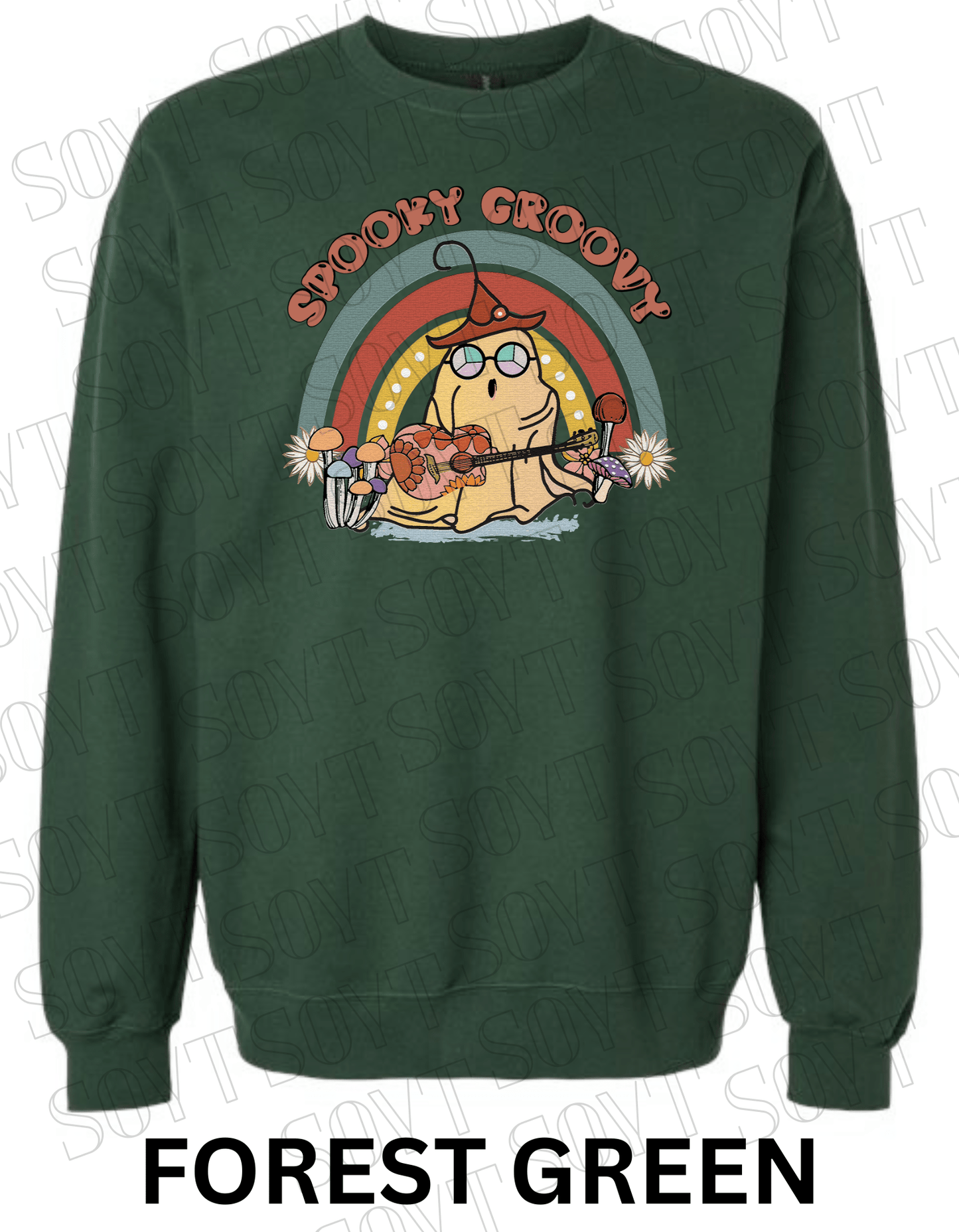 Spooky Groovy Halloween Sweatshirt – Retro Ghost with Guitar, Rainbow & Mushroom Fleece Pullover - Festive Apparel StoreForest Green
