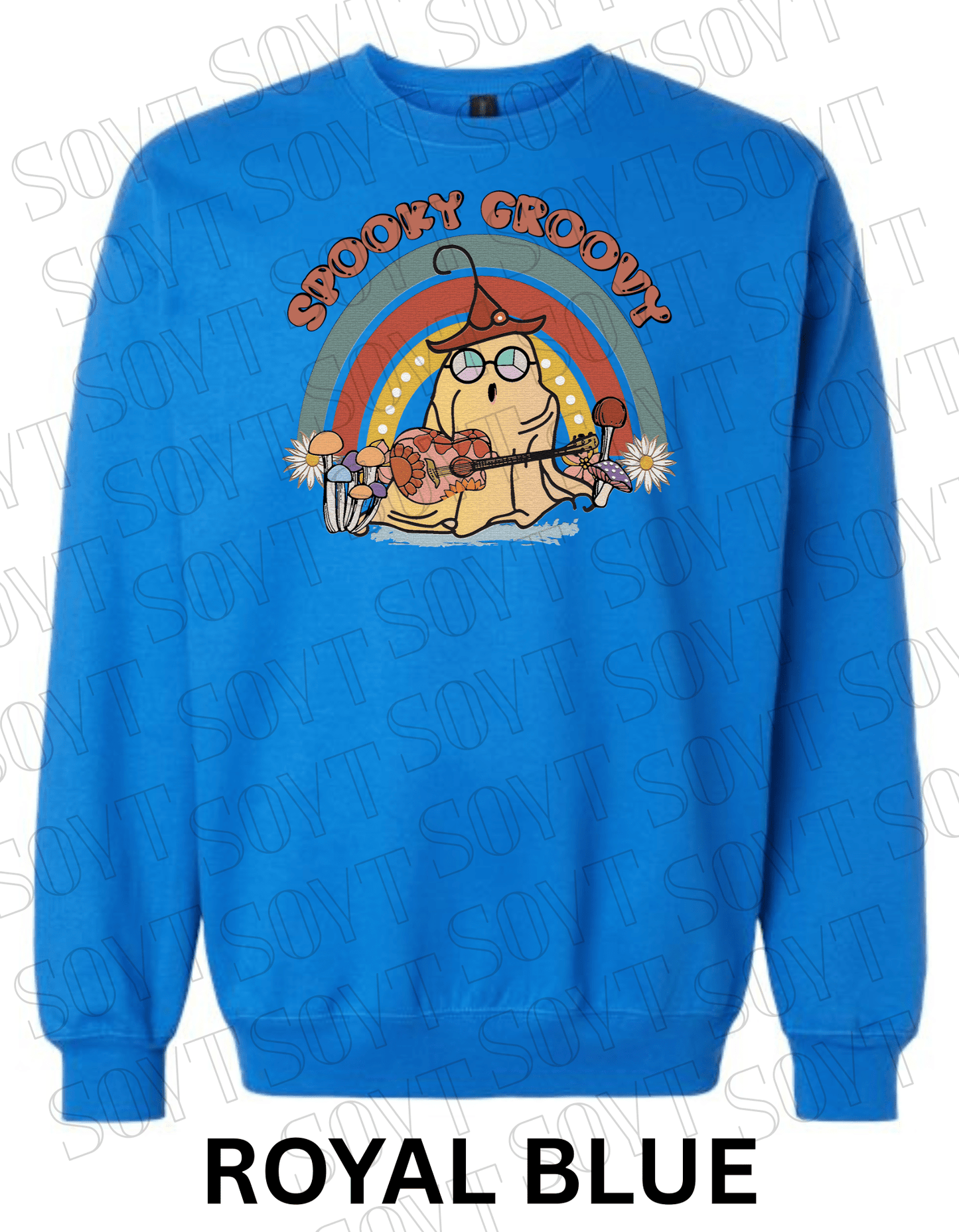 Spooky Groovy Halloween Sweatshirt – Retro Ghost with Guitar, Rainbow & Mushroom Fleece Pullover - Festive Apparel StoreRoyal Blue