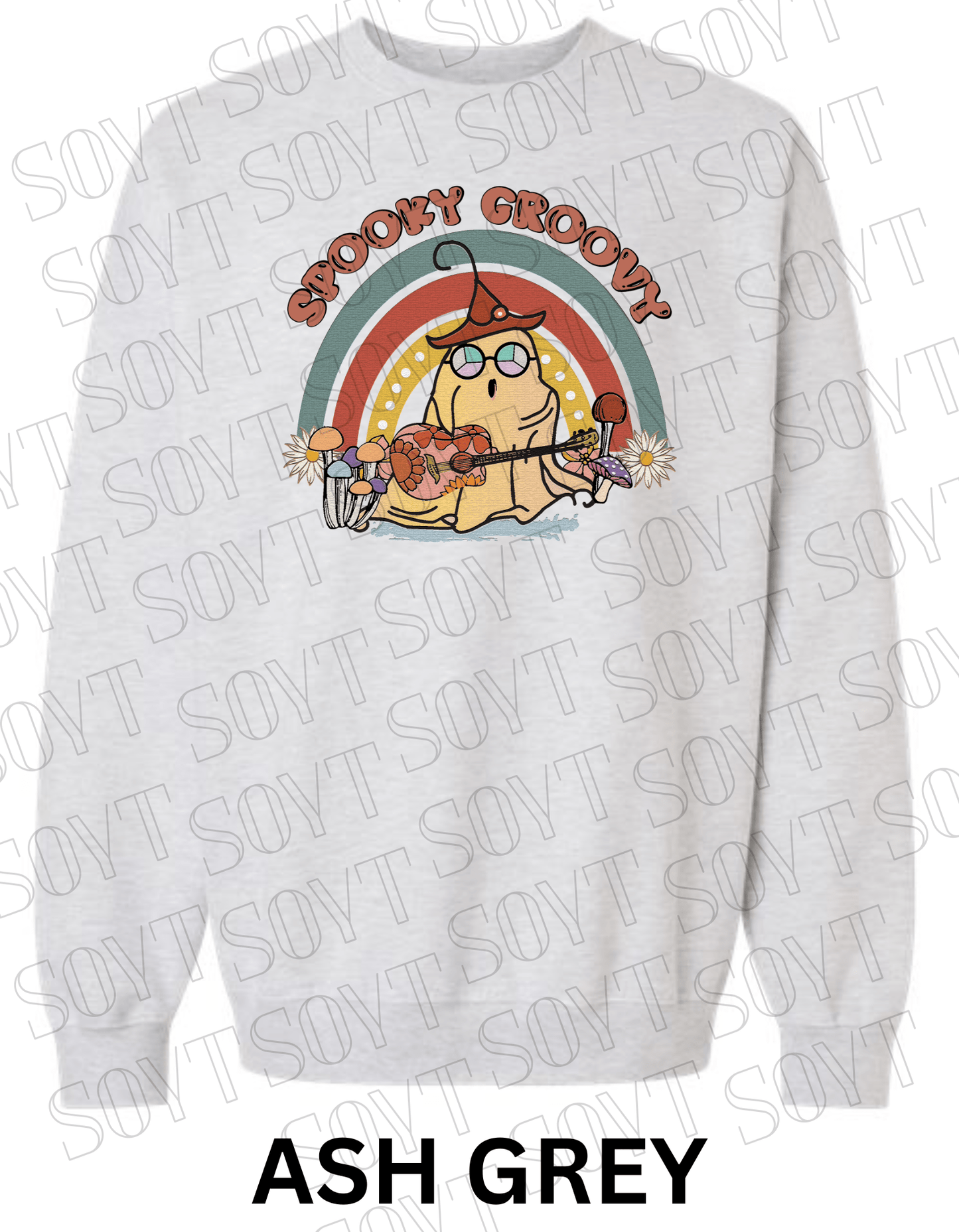 Spooky Groovy Halloween Sweatshirt – Retro Ghost with Guitar, Rainbow & Mushroom Fleece Pullover - Festive Apparel StoreAsh Grey