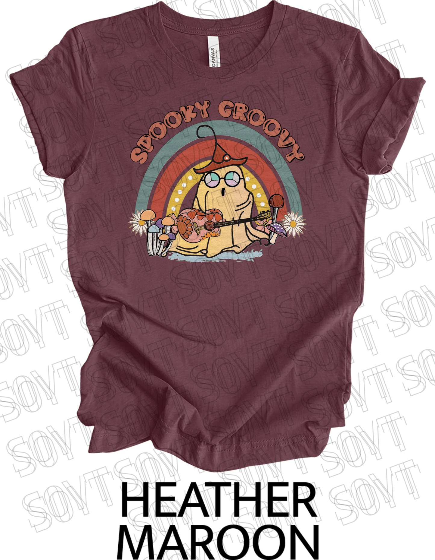 Spooky Groovy Halloween T-Shirt – Retro Ghost with Guitar, Mushrooms & Rainbow Graphic Tee - Festive Apparel StoreHeather Maroon