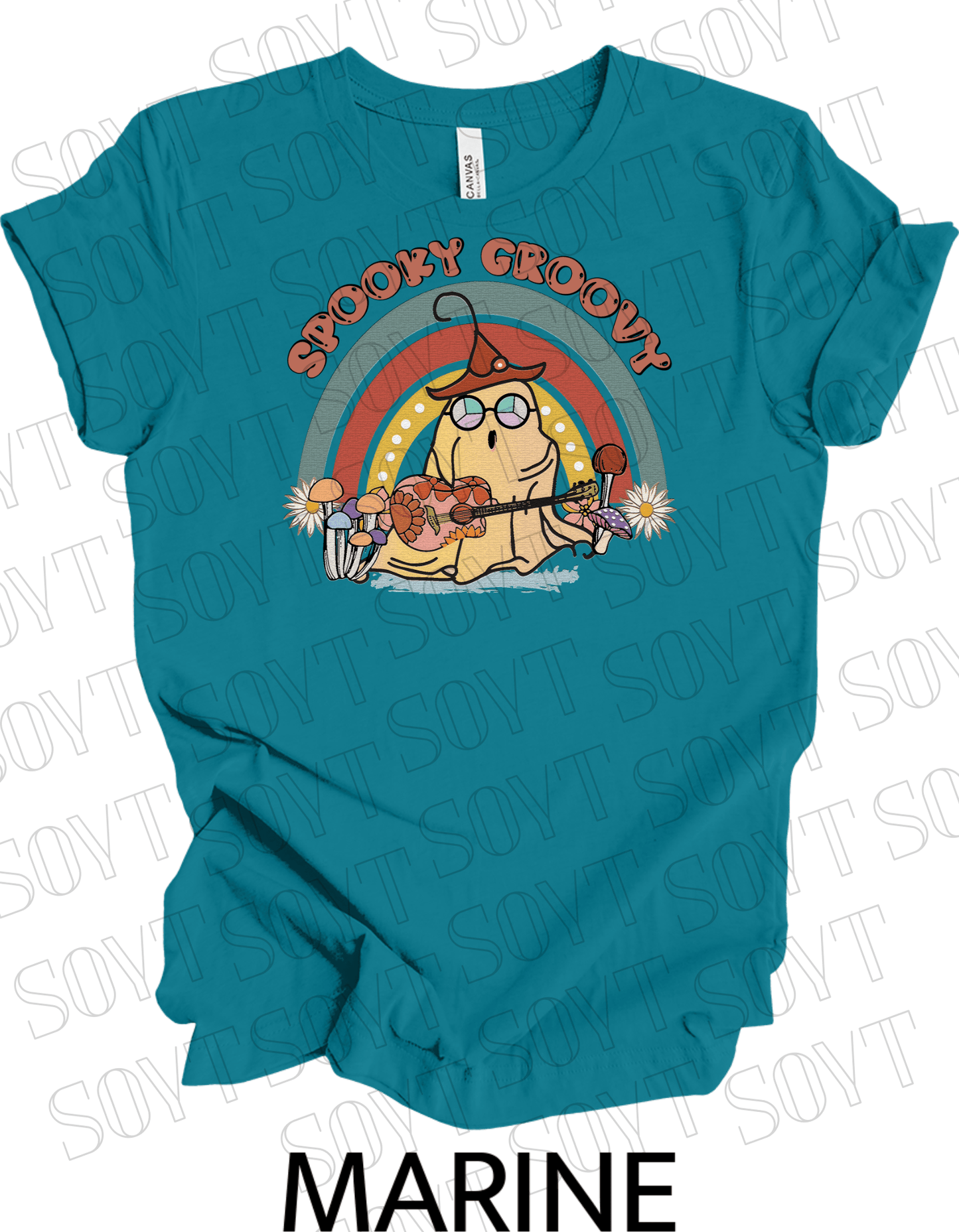 Spooky Groovy Halloween T-Shirt – Retro Ghost with Guitar, Mushrooms & Rainbow Graphic Tee - Festive Apparel StoreMarine