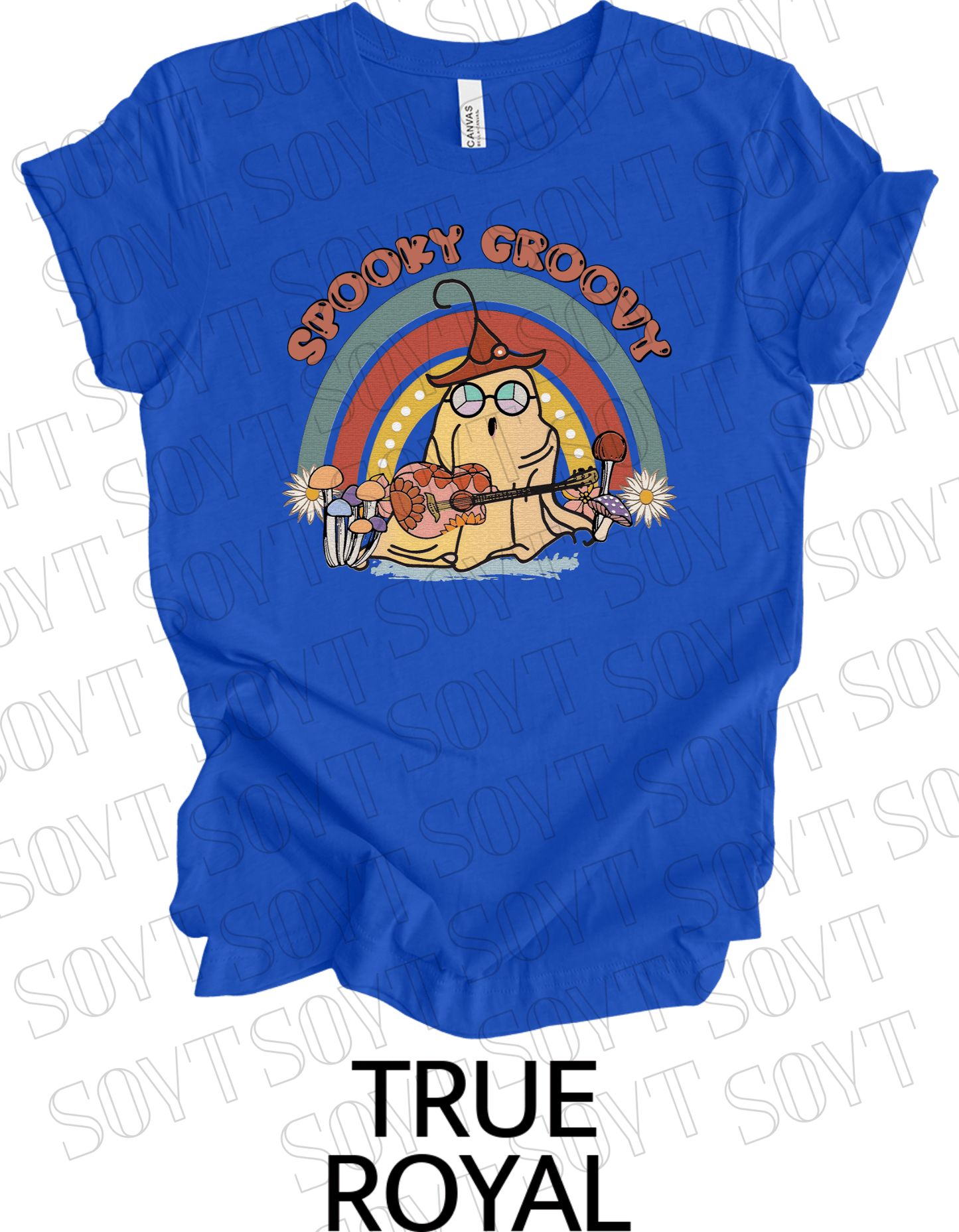 Spooky Groovy Halloween T-Shirt – Retro Ghost with Guitar, Mushrooms & Rainbow Graphic Tee - Festive Apparel StoreRoyal Blue