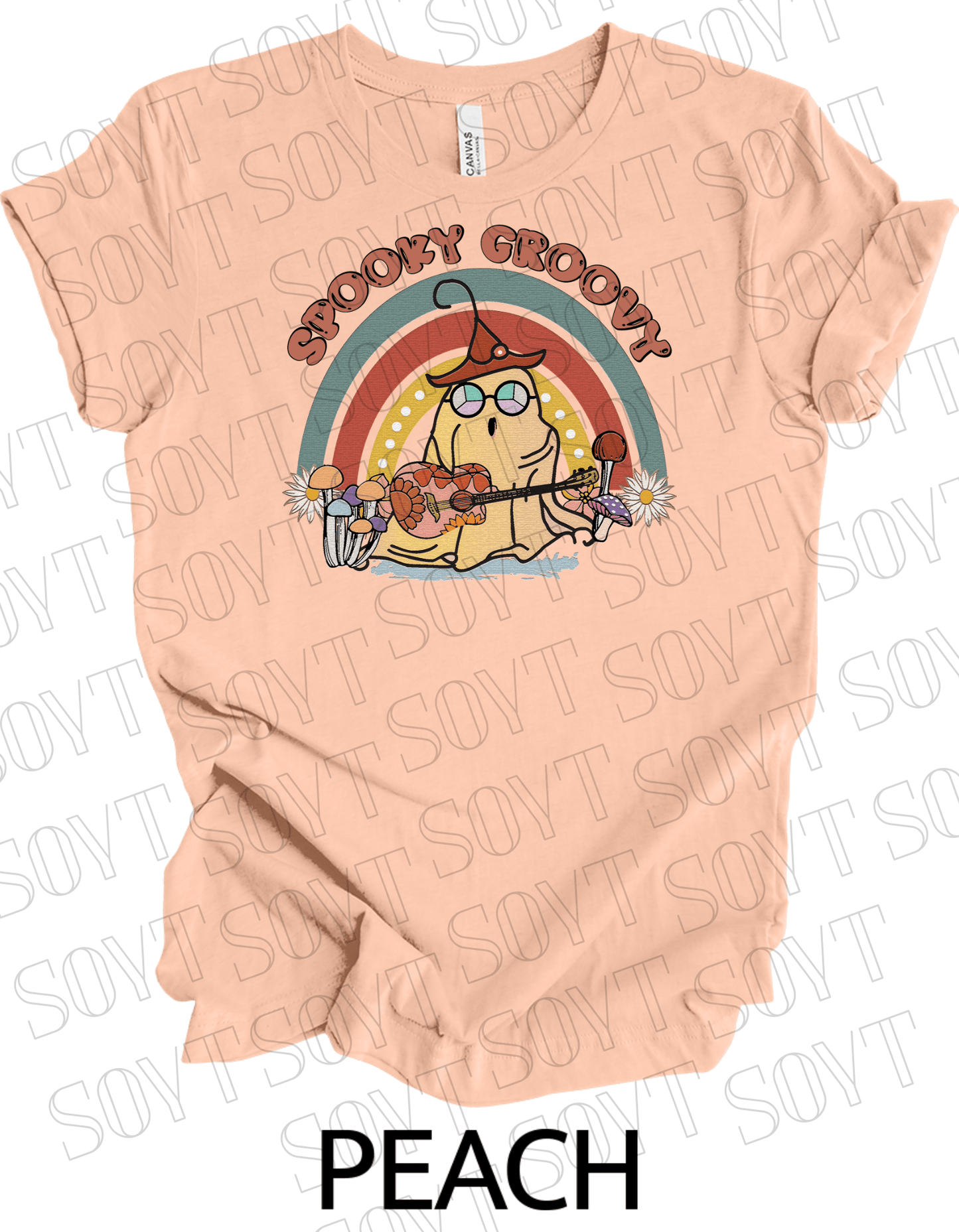 Spooky Groovy Halloween T-Shirt – Retro Ghost with Guitar, Mushrooms & Rainbow Graphic Tee - Festive Apparel StorePeach