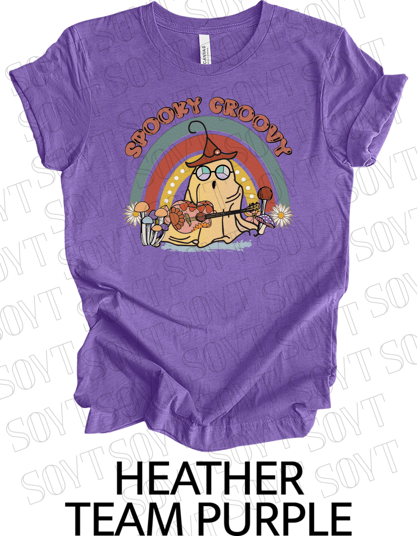 Spooky Groovy Halloween T-Shirt – Retro Ghost with Guitar, Mushrooms & Rainbow Graphic Tee - Festive Apparel StoreHeather Purple