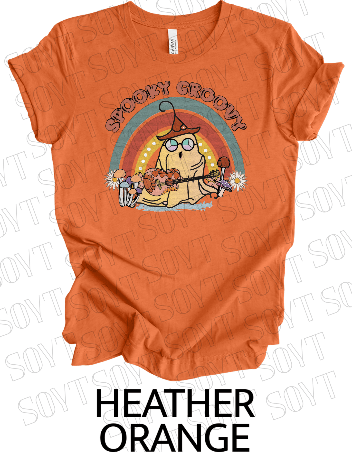 Spooky Groovy Halloween T-Shirt – Retro Ghost with Guitar, Mushrooms & Rainbow Graphic Tee - Festive Apparel StoreHeather Orange