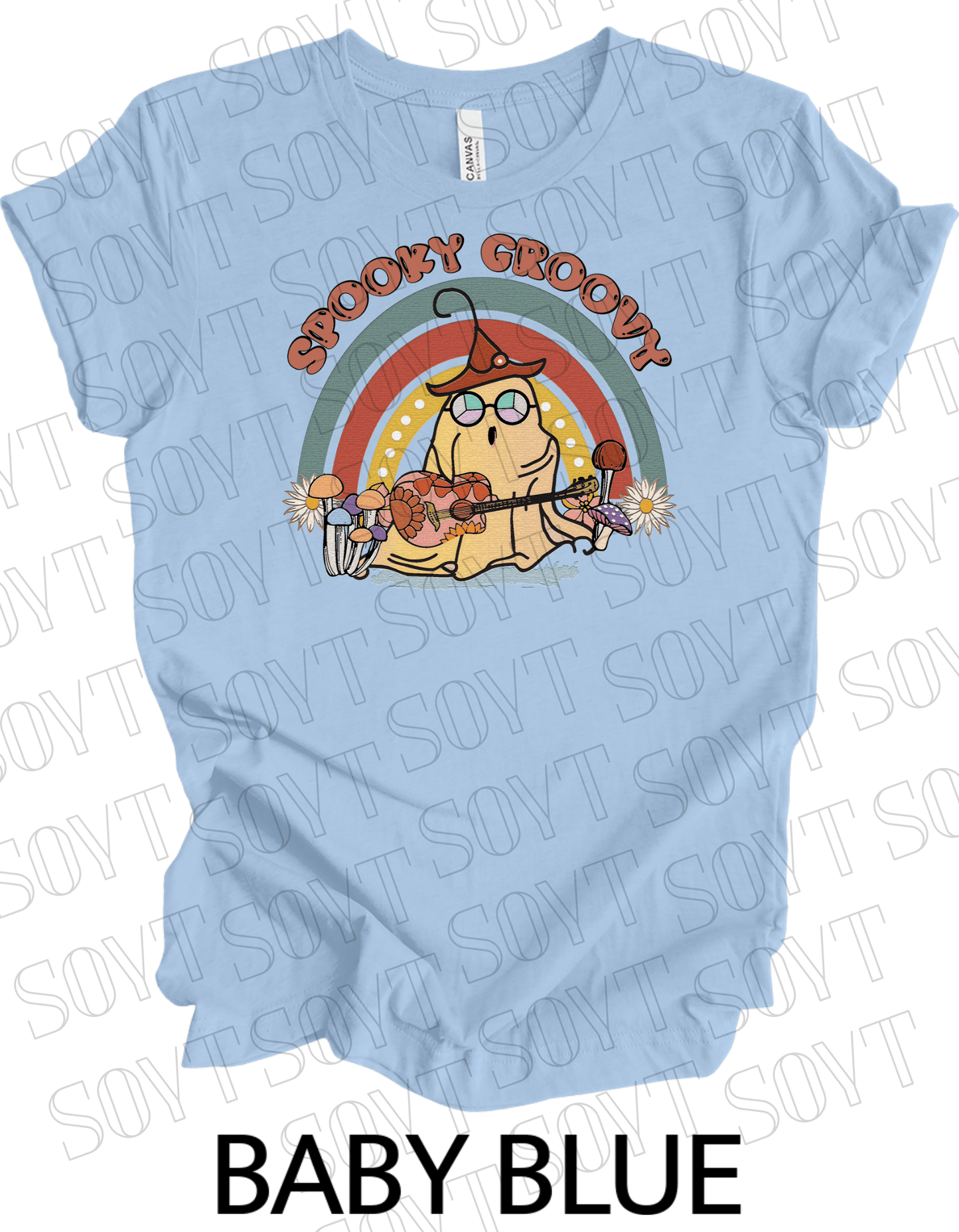 Spooky Groovy Halloween T-Shirt – Retro Ghost with Guitar, Mushrooms & Rainbow Graphic Tee - Festive Apparel StoreBaby Blue