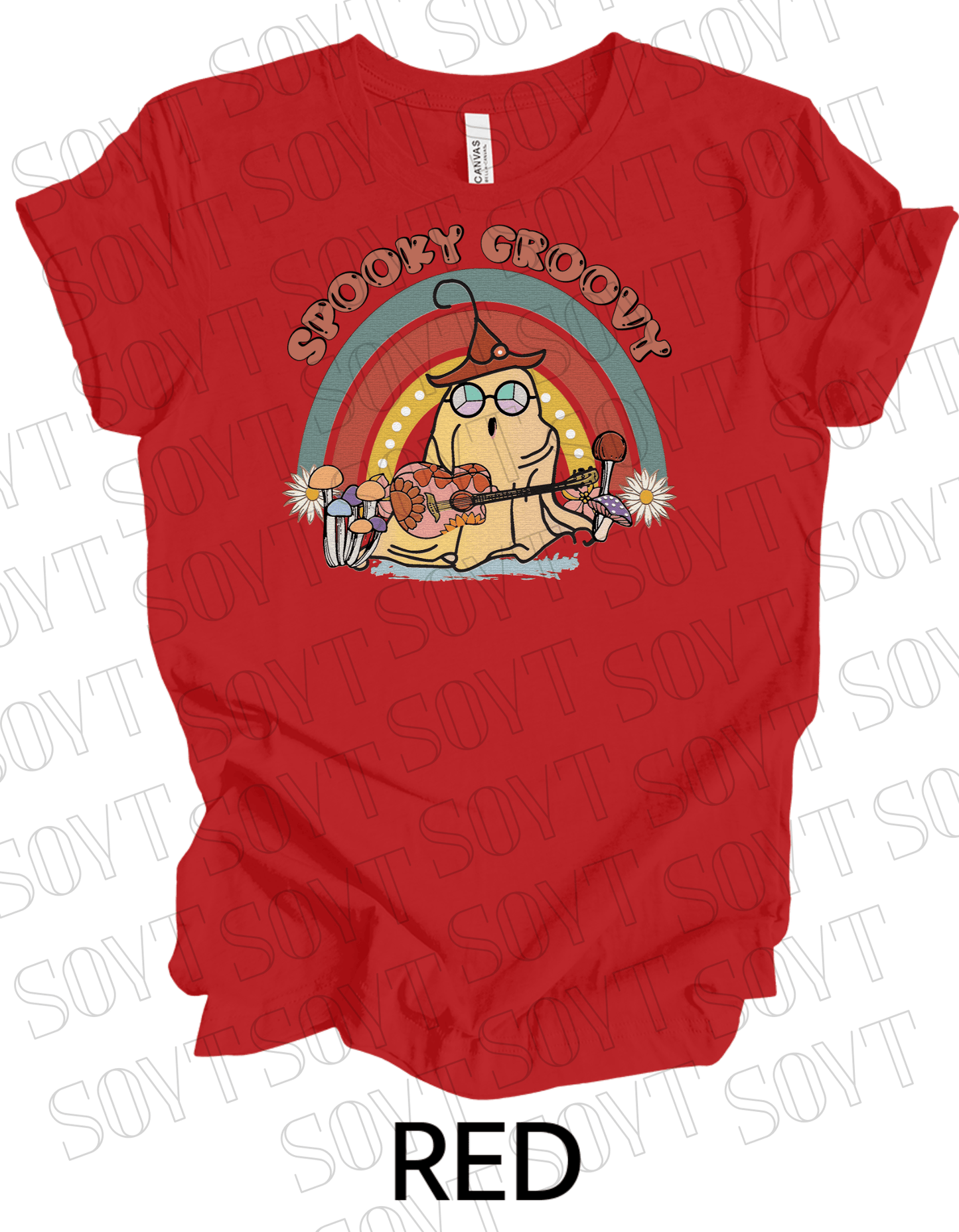 Spooky Groovy Halloween T-Shirt – Retro Ghost with Guitar, Mushrooms & Rainbow Graphic Tee - Festive Apparel StoreRed