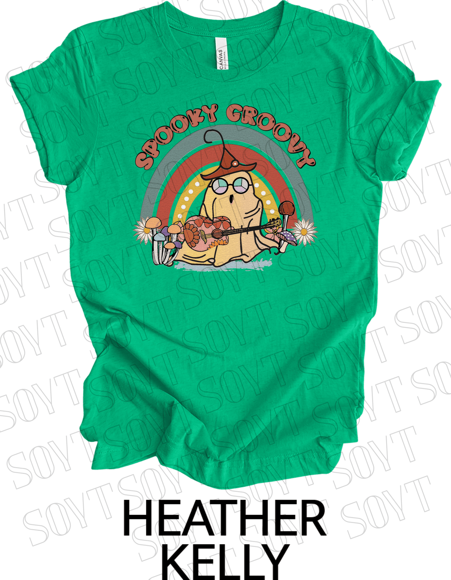 Spooky Groovy Halloween T-Shirt – Retro Ghost with Guitar, Mushrooms & Rainbow Graphic Tee - Festive Apparel StoreHeather Kelly Green