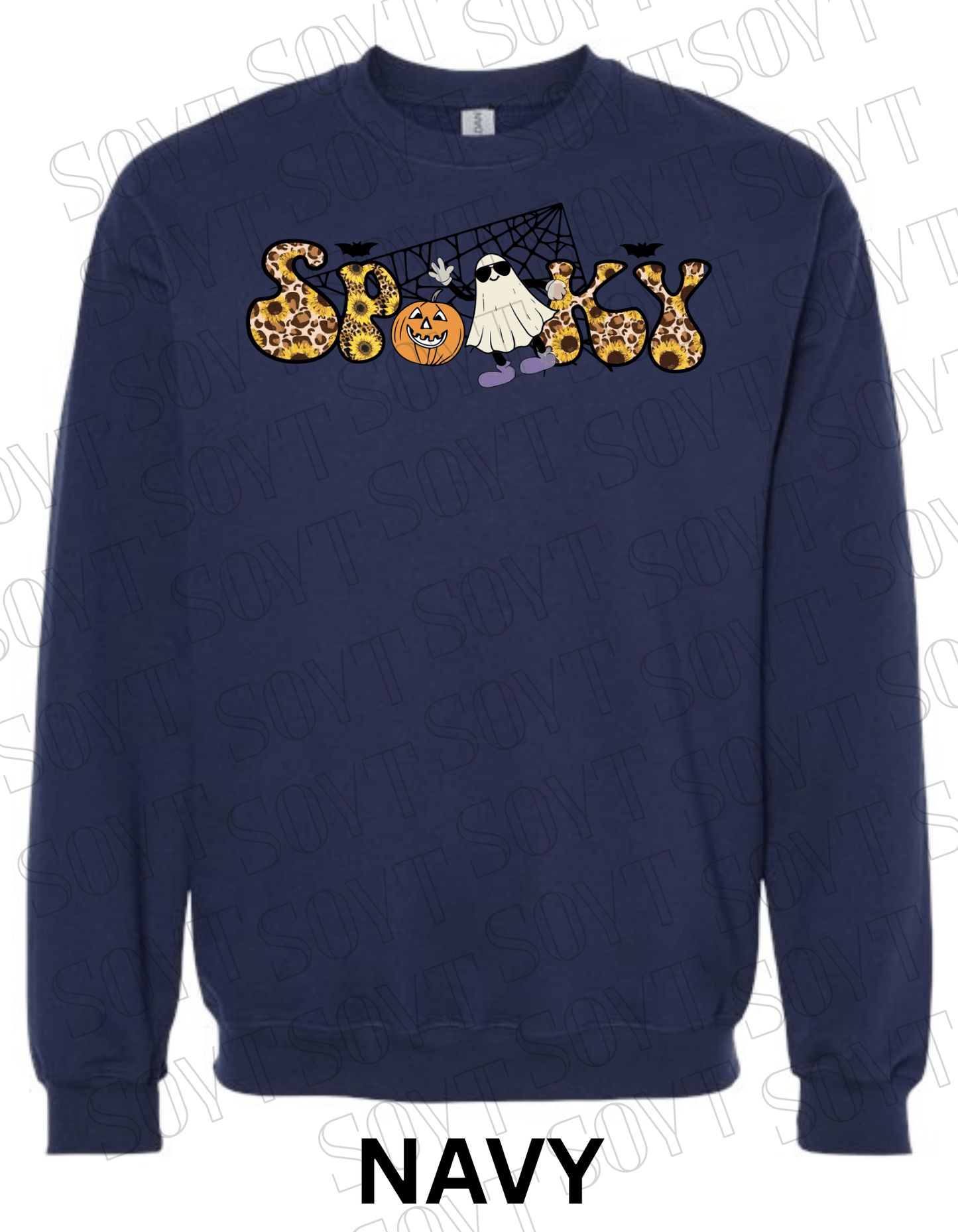 Spooky Halloween Sweatshirt – Leopard, Sunflower & Ghost Print Fall Fleece Pullover - Festive Apparel StoreNavy Blue