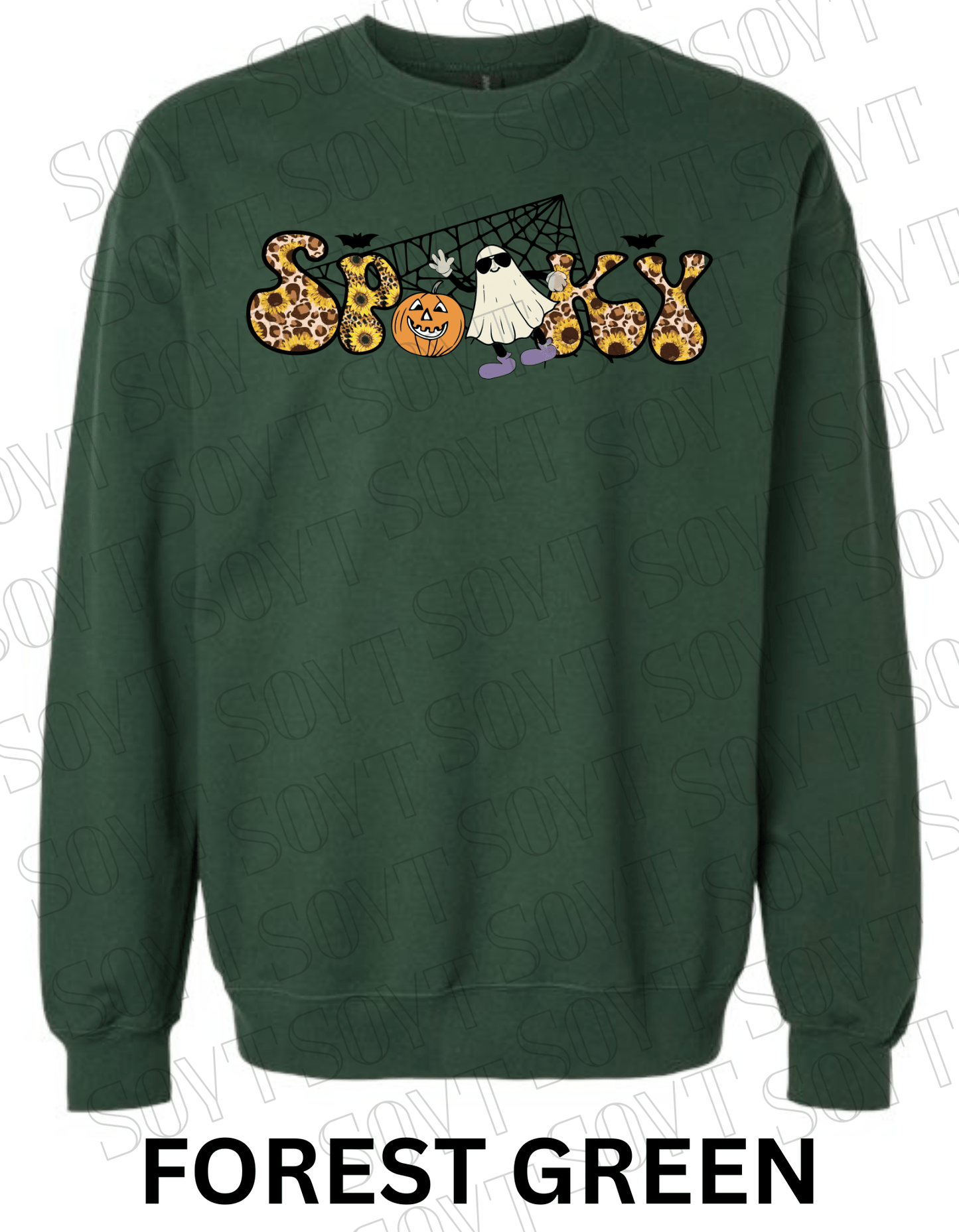 Spooky Halloween Sweatshirt – Leopard, Sunflower & Ghost Print Fall Fleece Pullover - Festive Apparel StoreForest Green