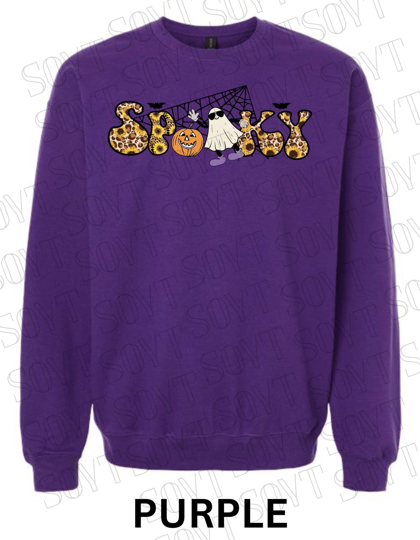 Spooky Halloween Sweatshirt – Leopard, Sunflower & Ghost Print Fall Fleece Pullover - Festive Apparel StorePurple