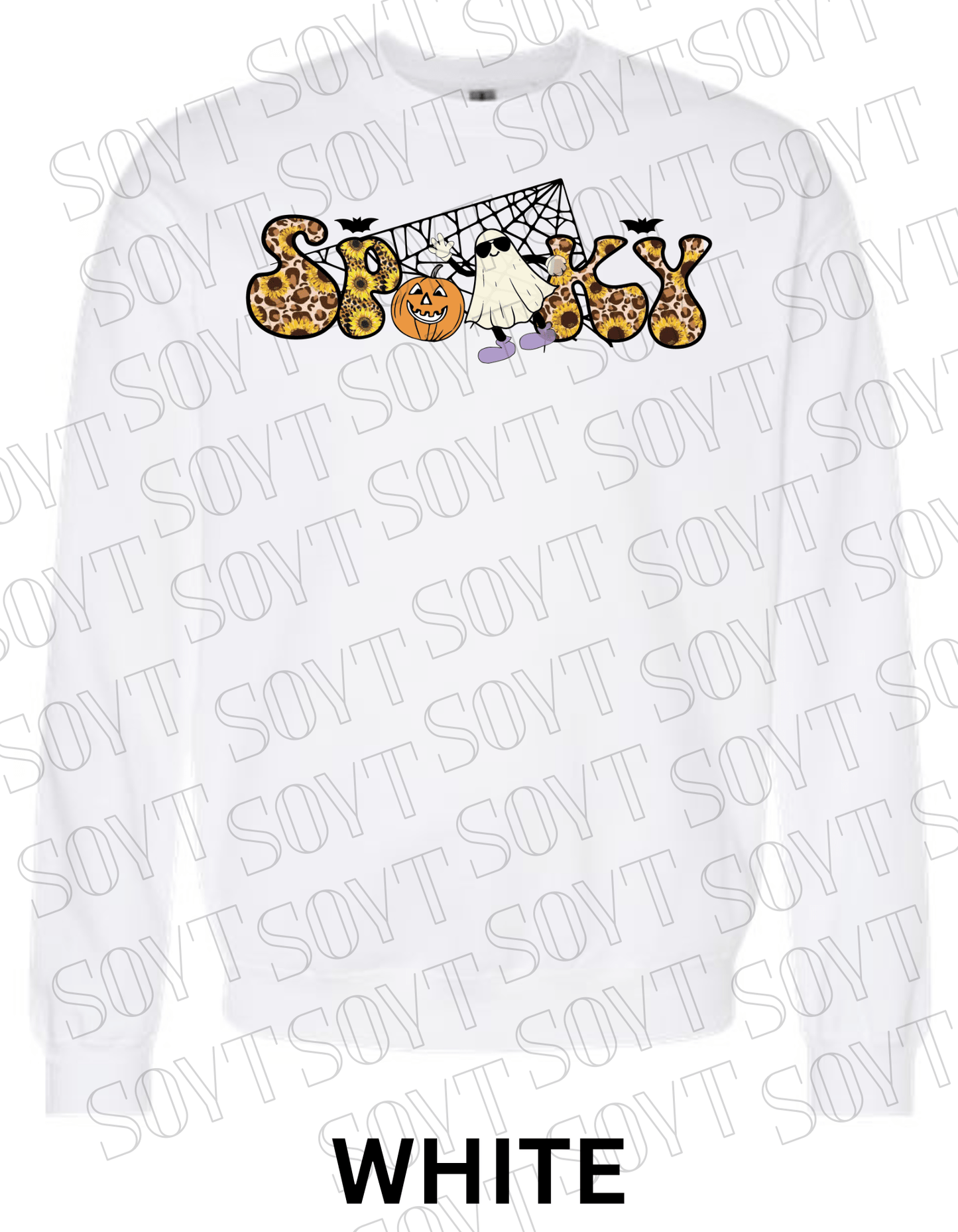Spooky Halloween Sweatshirt – Leopard, Sunflower & Ghost Print Fall Fleece Pullover - Festive Apparel StoreWhite