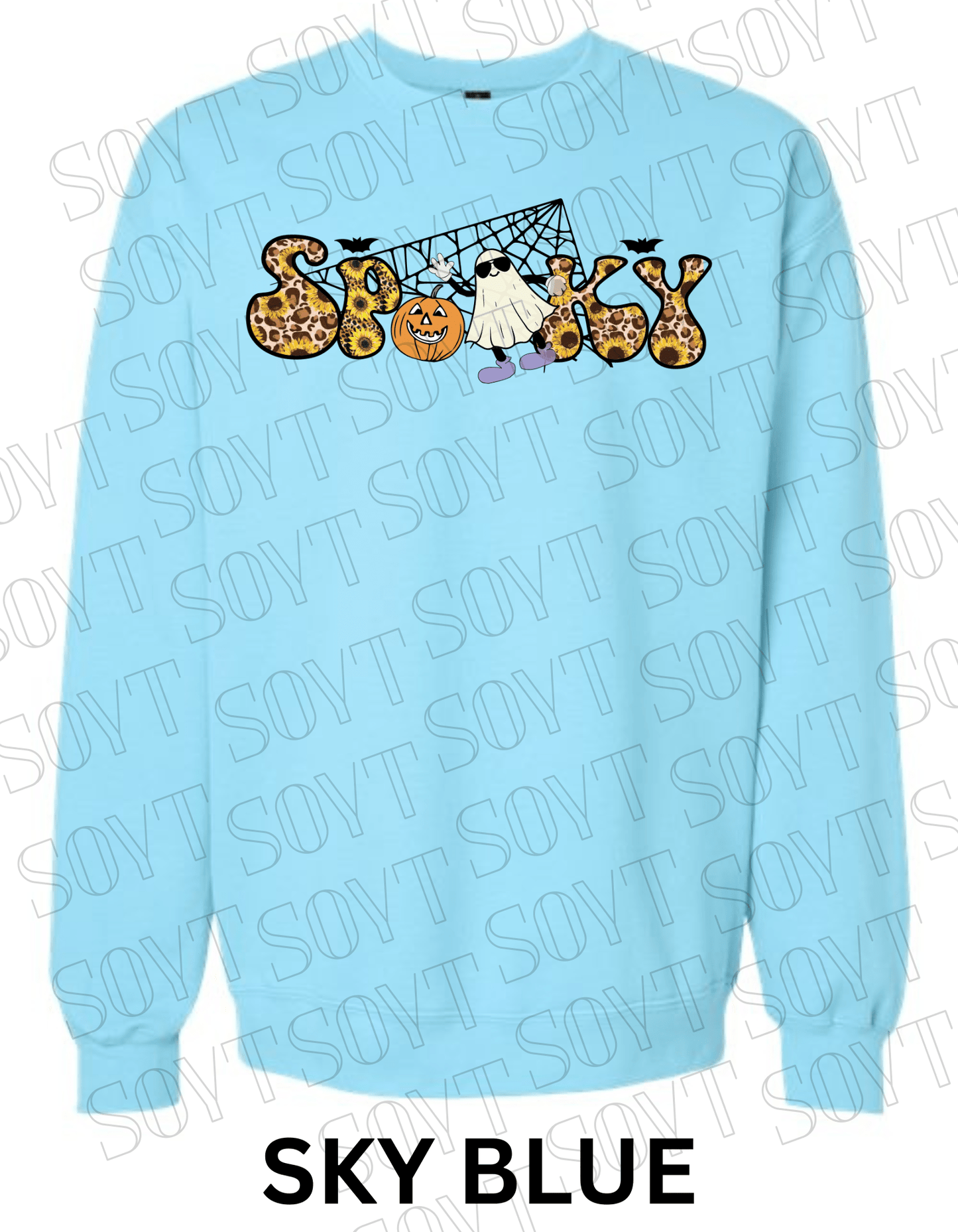 Spooky Halloween Sweatshirt – Leopard, Sunflower & Ghost Print Fall Fleece Pullover - Festive Apparel StoreSky Blue