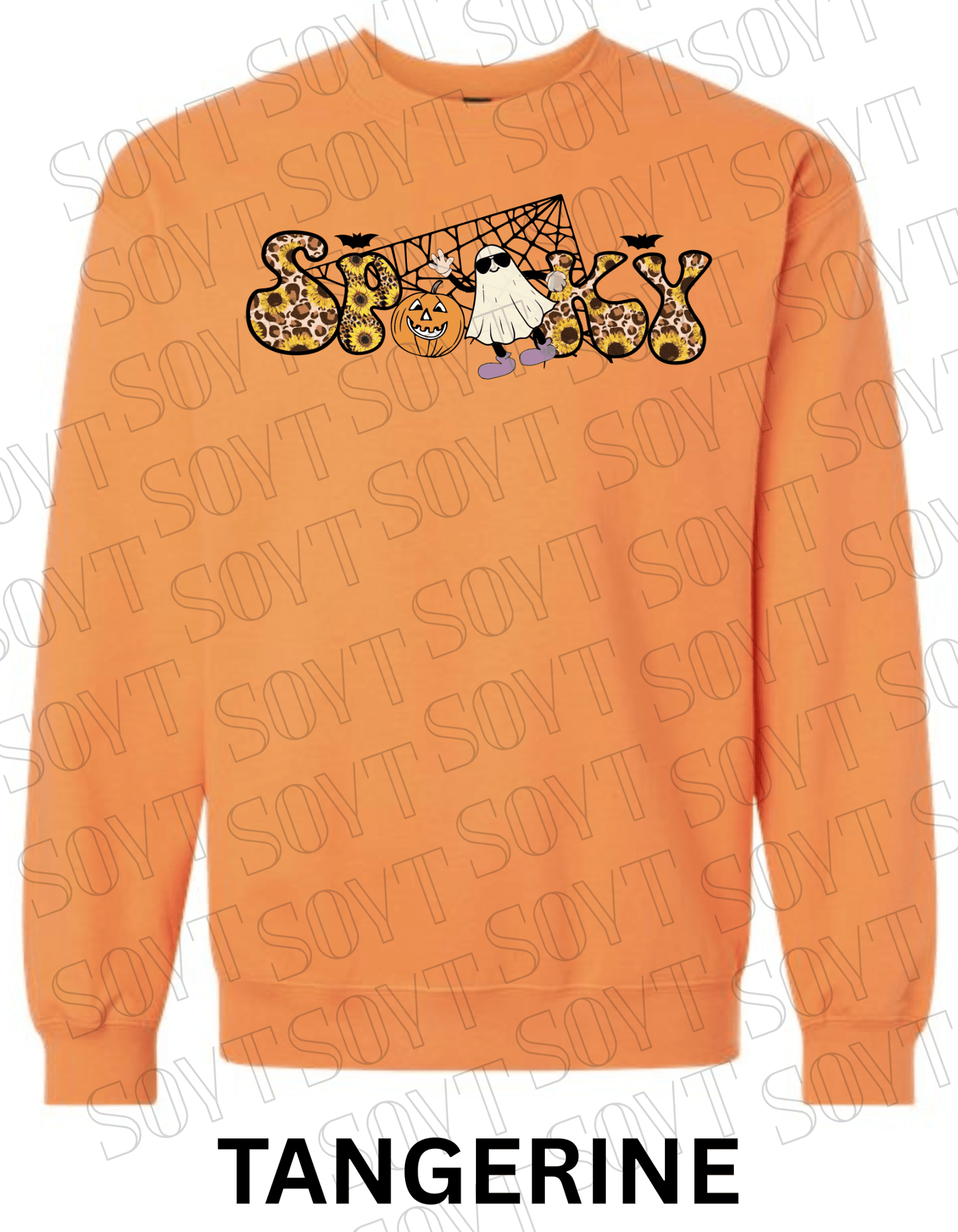 Spooky Halloween Sweatshirt – Leopard, Sunflower & Ghost Print Fall Fleece Pullover - Festive Apparel StoreTangerine