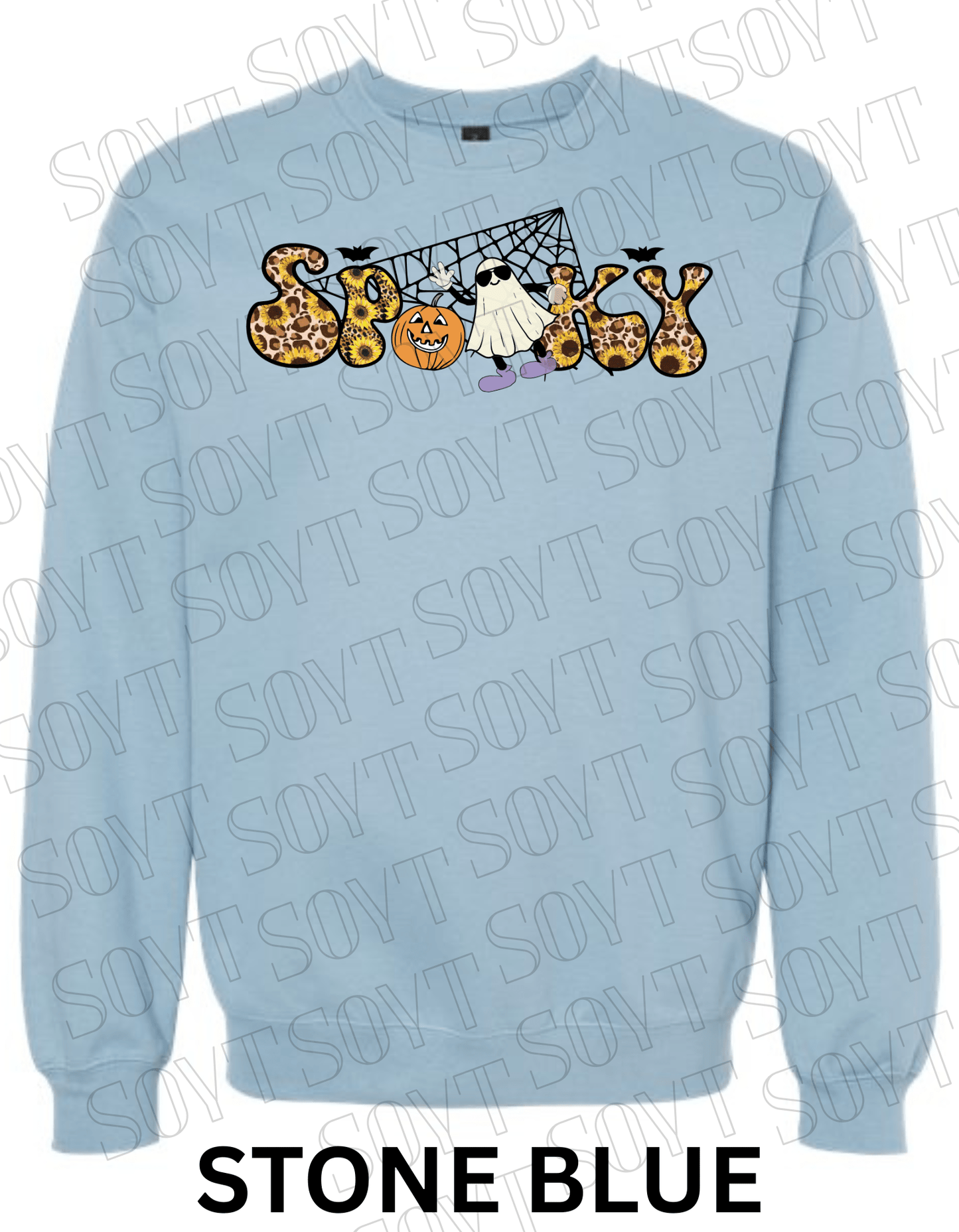 Spooky Halloween Sweatshirt – Leopard, Sunflower & Ghost Print Fall Fleece Pullover - Festive Apparel StoreStone Blue
