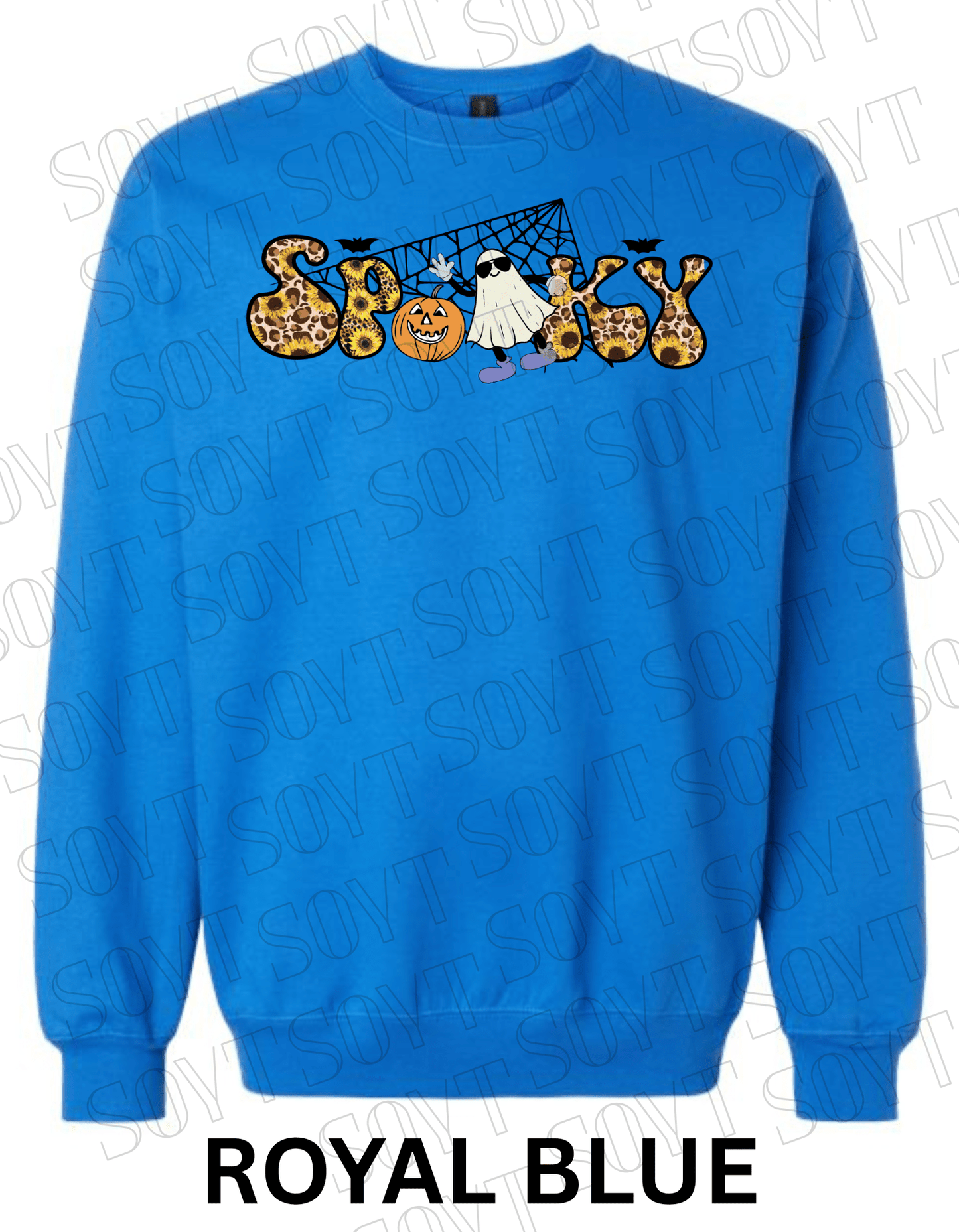 Spooky Halloween Sweatshirt – Leopard, Sunflower & Ghost Print Fall Fleece Pullover - Festive Apparel StoreRoyal Blue
