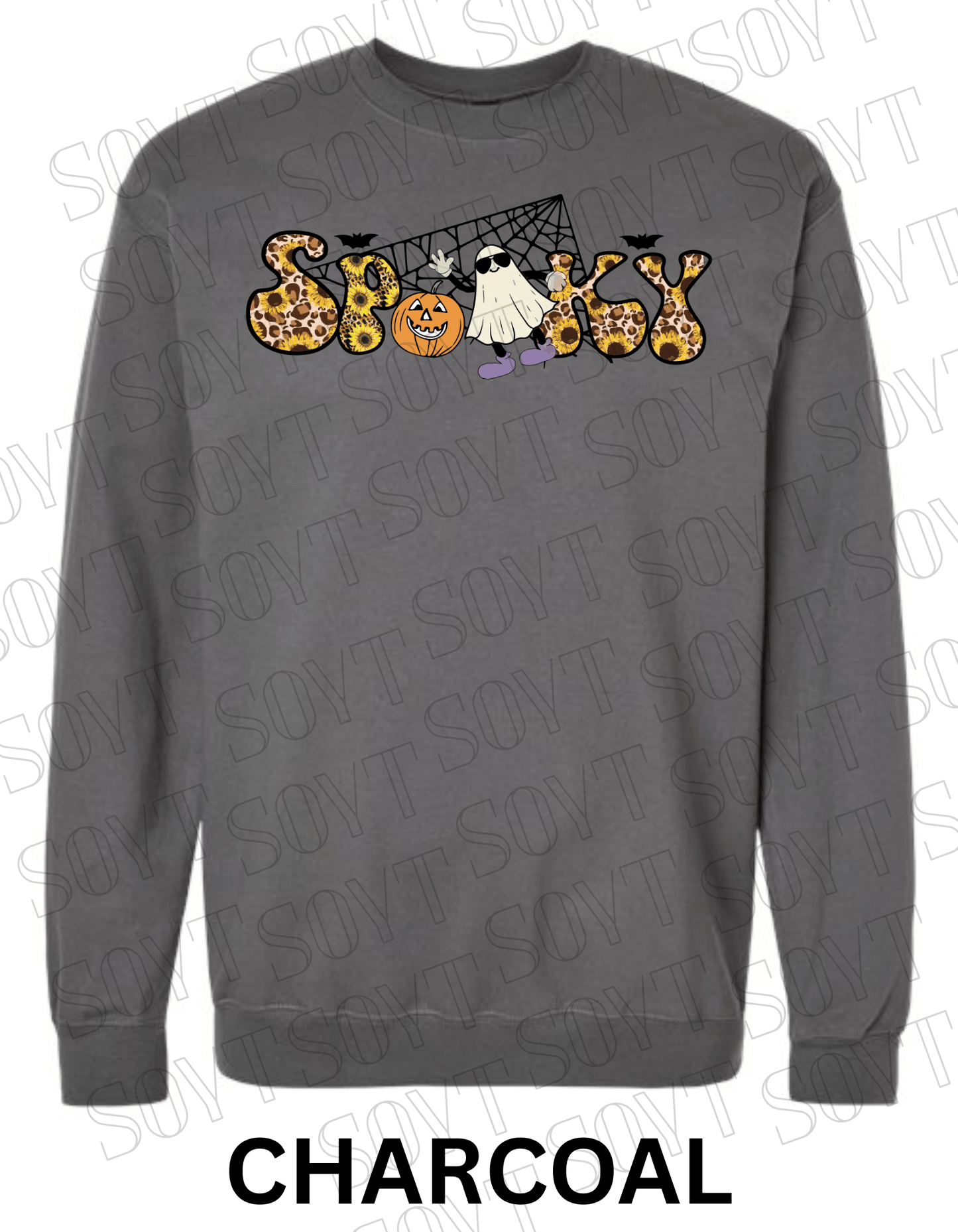Spooky Halloween Sweatshirt – Leopard, Sunflower & Ghost Print Fall Fleece Pullover - Festive Apparel StoreCharcoal