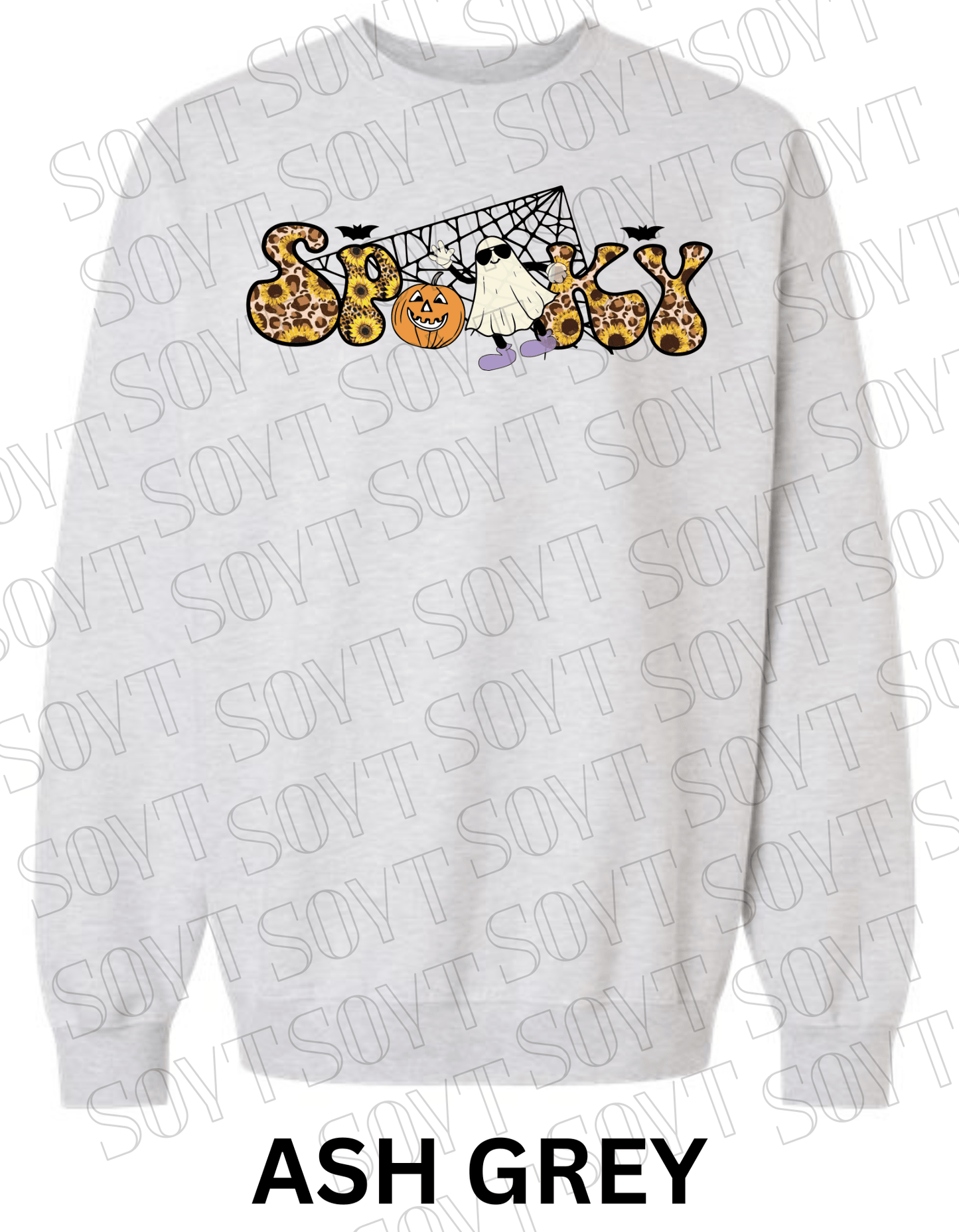 Spooky Halloween Sweatshirt – Leopard, Sunflower & Ghost Print Fall Fleece Pullover - Festive Apparel StoreAsh Grey