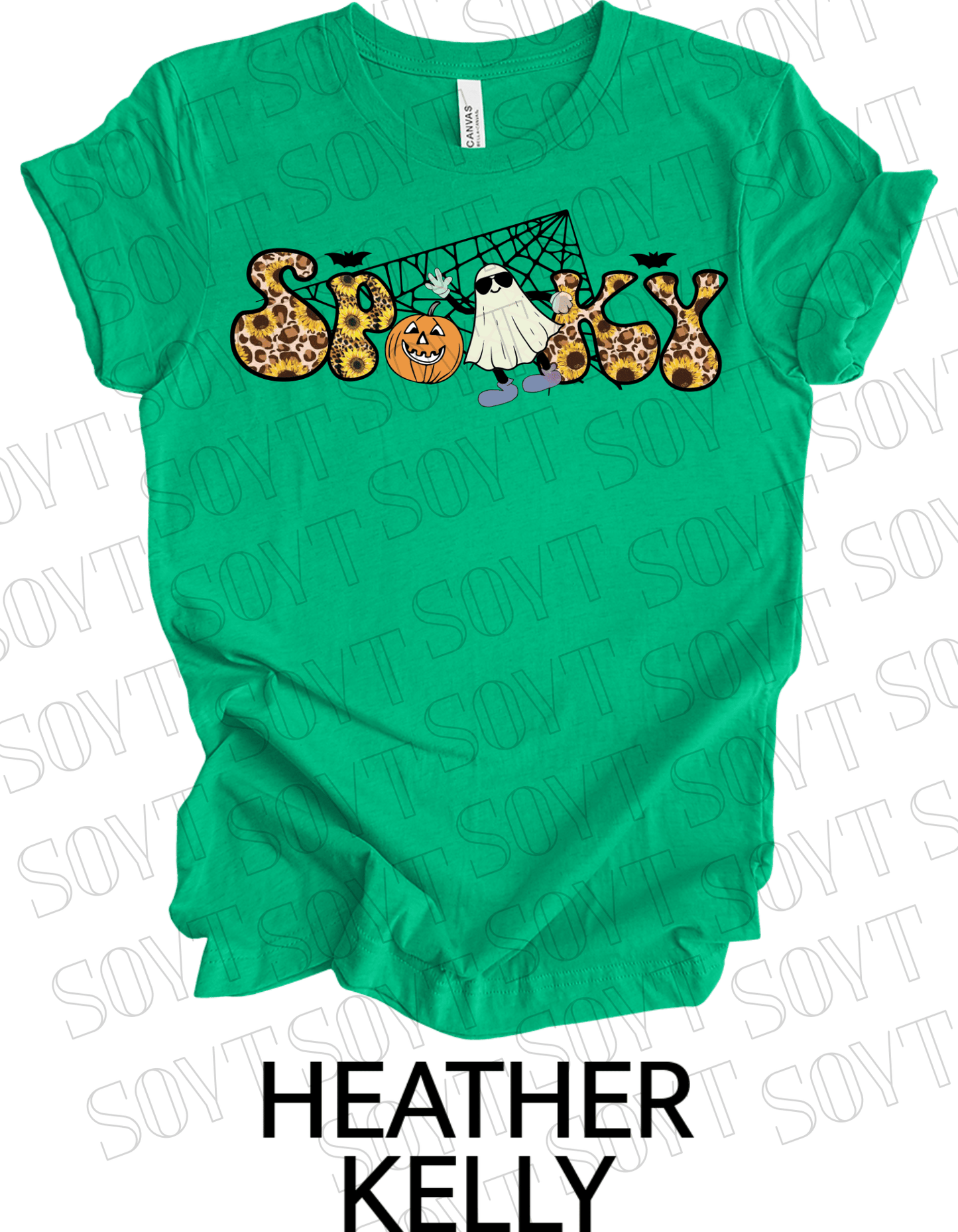 Spooky Halloween T-Shirt – Leopard Print, Sunflowers, Ghost & Pumpkin Fall Graphic Tee - Festive Apparel StoreHeather Kelly Green
