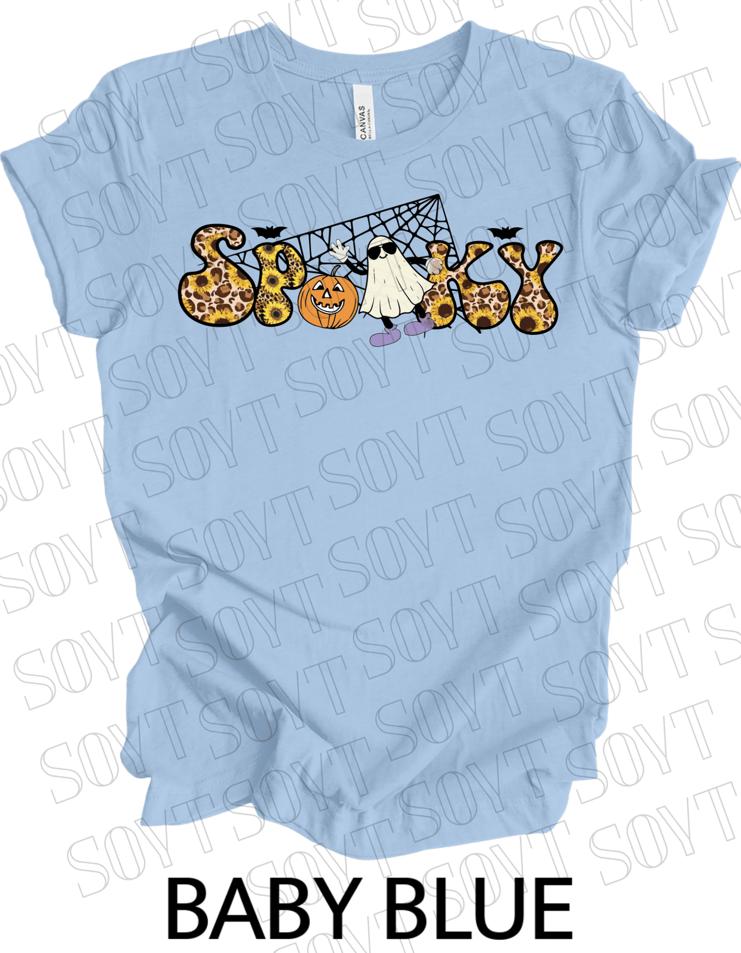 Spooky Halloween T-Shirt – Leopard Print, Sunflowers, Ghost & Pumpkin Fall Graphic Tee - Festive Apparel StoreBaby Blue