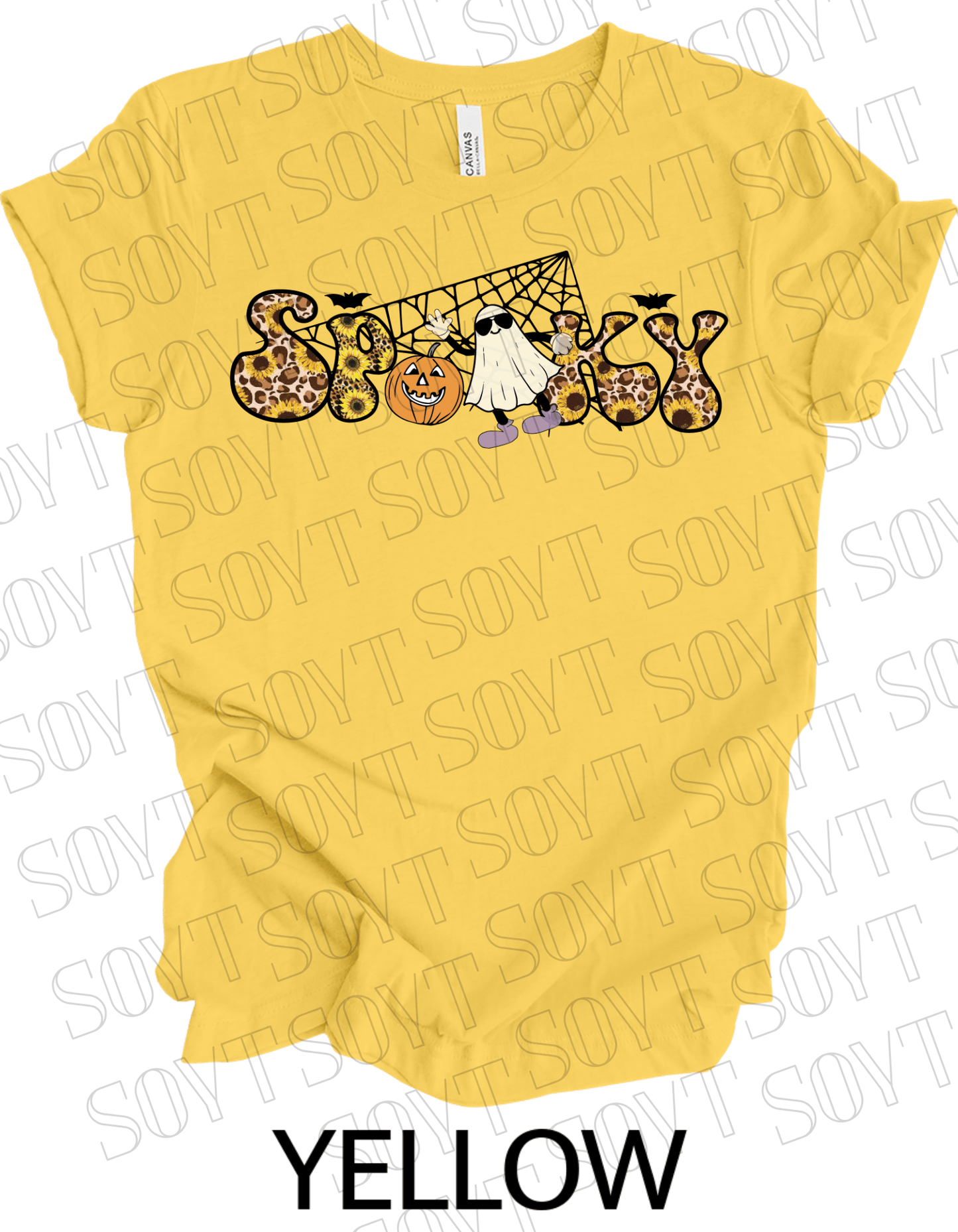 Spooky Halloween T-Shirt – Leopard Print, Sunflowers, Ghost & Pumpkin Fall Graphic Tee - Festive Apparel StoreYellow