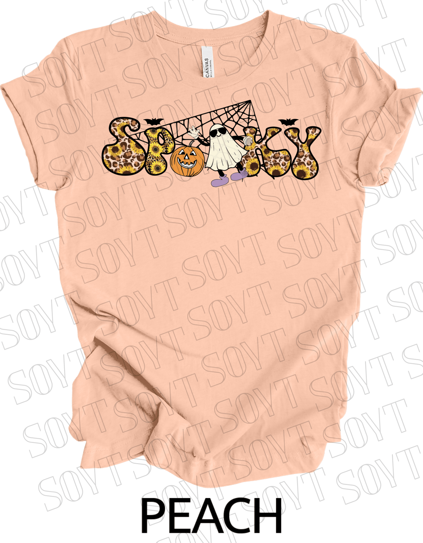 Spooky Halloween T-Shirt – Leopard Print, Sunflowers, Ghost & Pumpkin Fall Graphic Tee - Festive Apparel StorePeach