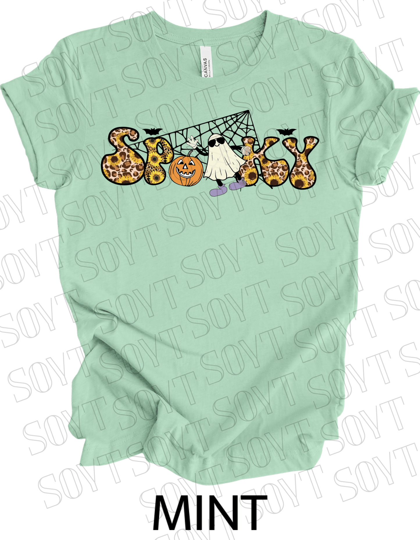 Spooky Halloween T-Shirt – Leopard Print, Sunflowers, Ghost & Pumpkin Fall Graphic Tee - Festive Apparel StoreMint