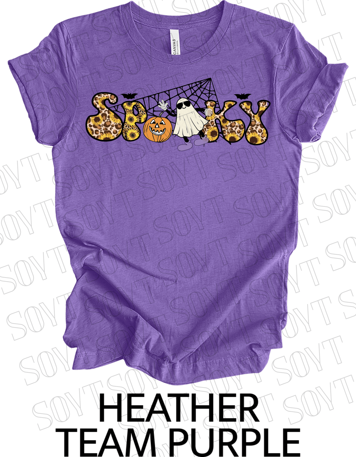 Spooky Halloween T-Shirt – Leopard Print, Sunflowers, Ghost & Pumpkin Fall Graphic Tee - Festive Apparel StoreHeather Purple