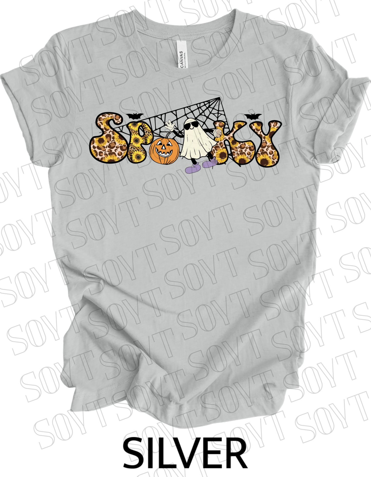 Spooky Halloween T-Shirt – Leopard Print, Sunflowers, Ghost & Pumpkin Fall Graphic Tee - Festive Apparel StoreSilver