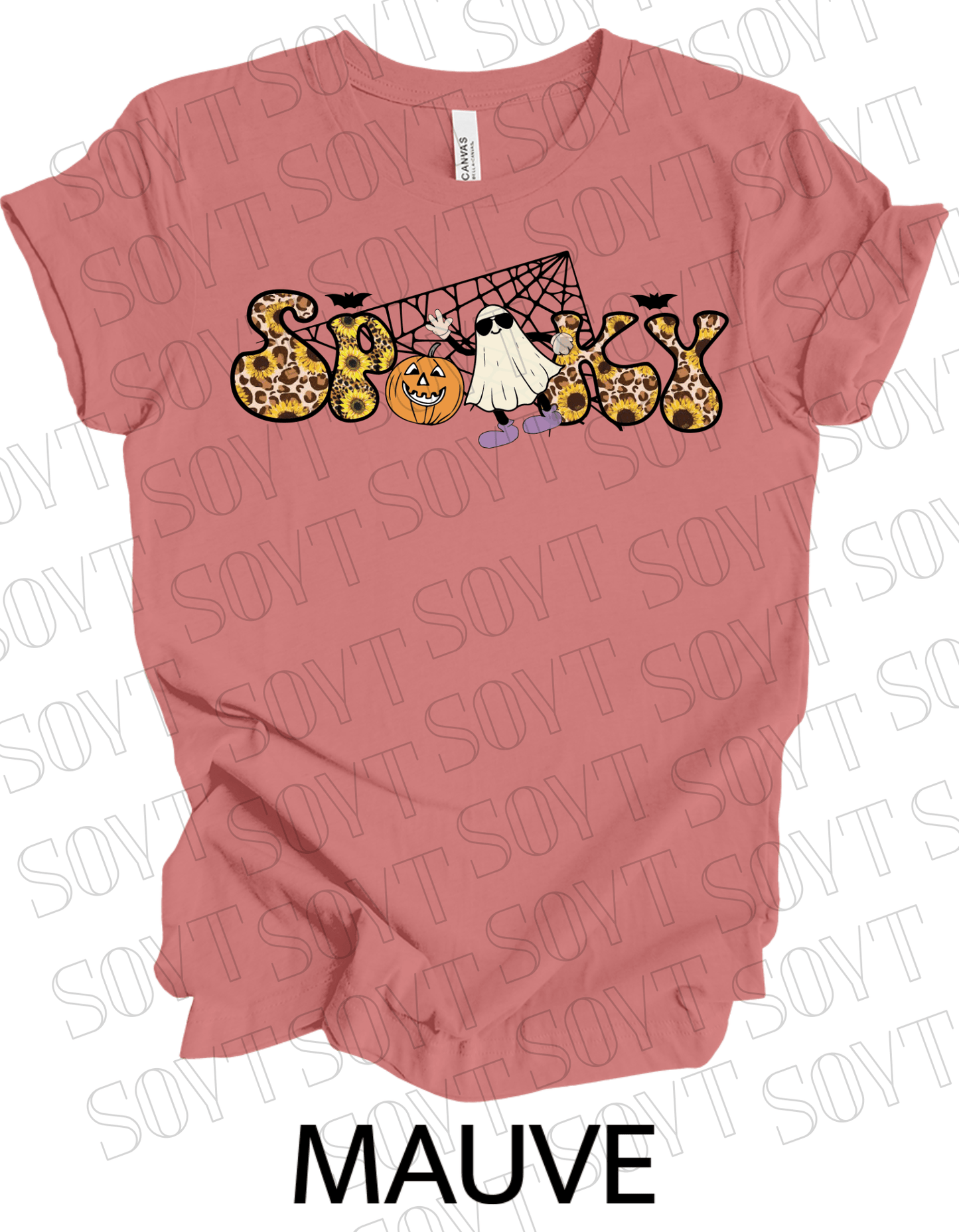 Spooky Halloween T-Shirt – Leopard Print, Sunflowers, Ghost & Pumpkin Fall Graphic Tee - Festive Apparel StoreMauve