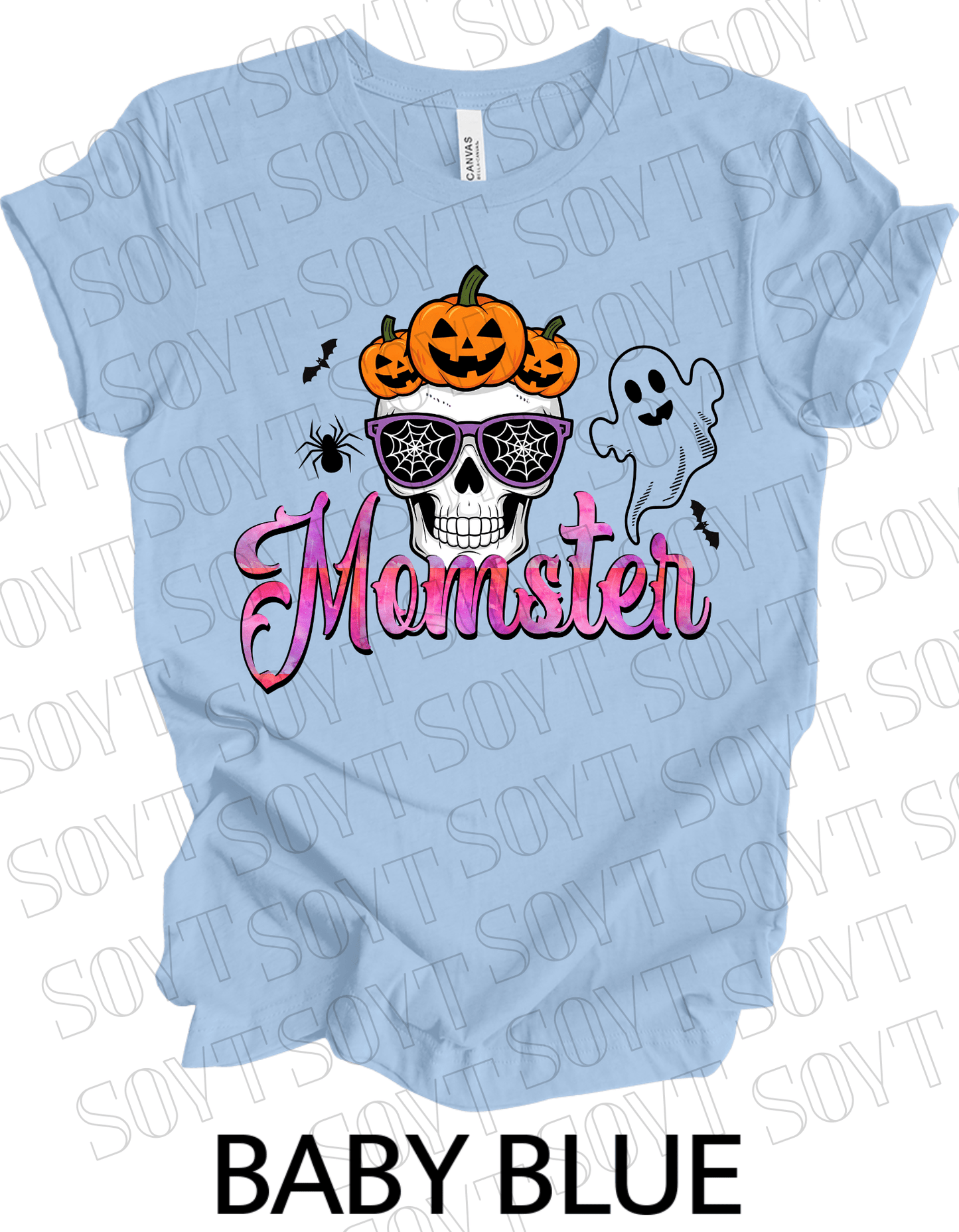 "Spooky Mama" Halloween T-Shirt – Cute Ghost & Pumpkin Graphic Tee for Moms - Festive Apparel StoreBaby Blue