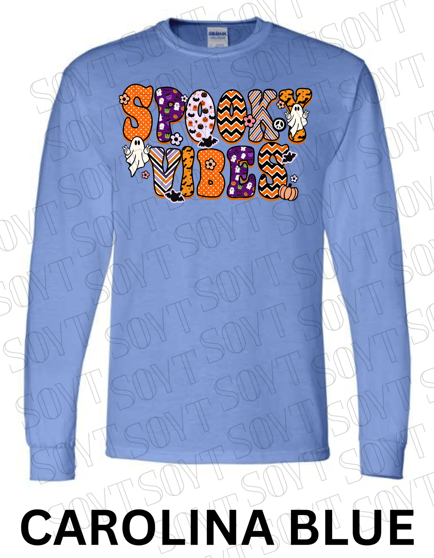 Spooky Vibes Halloween Long Sleeve – Retro Ghosts & Pumpkin Fall Graphic Tee - Festive Apparel StoreCarolina Blue