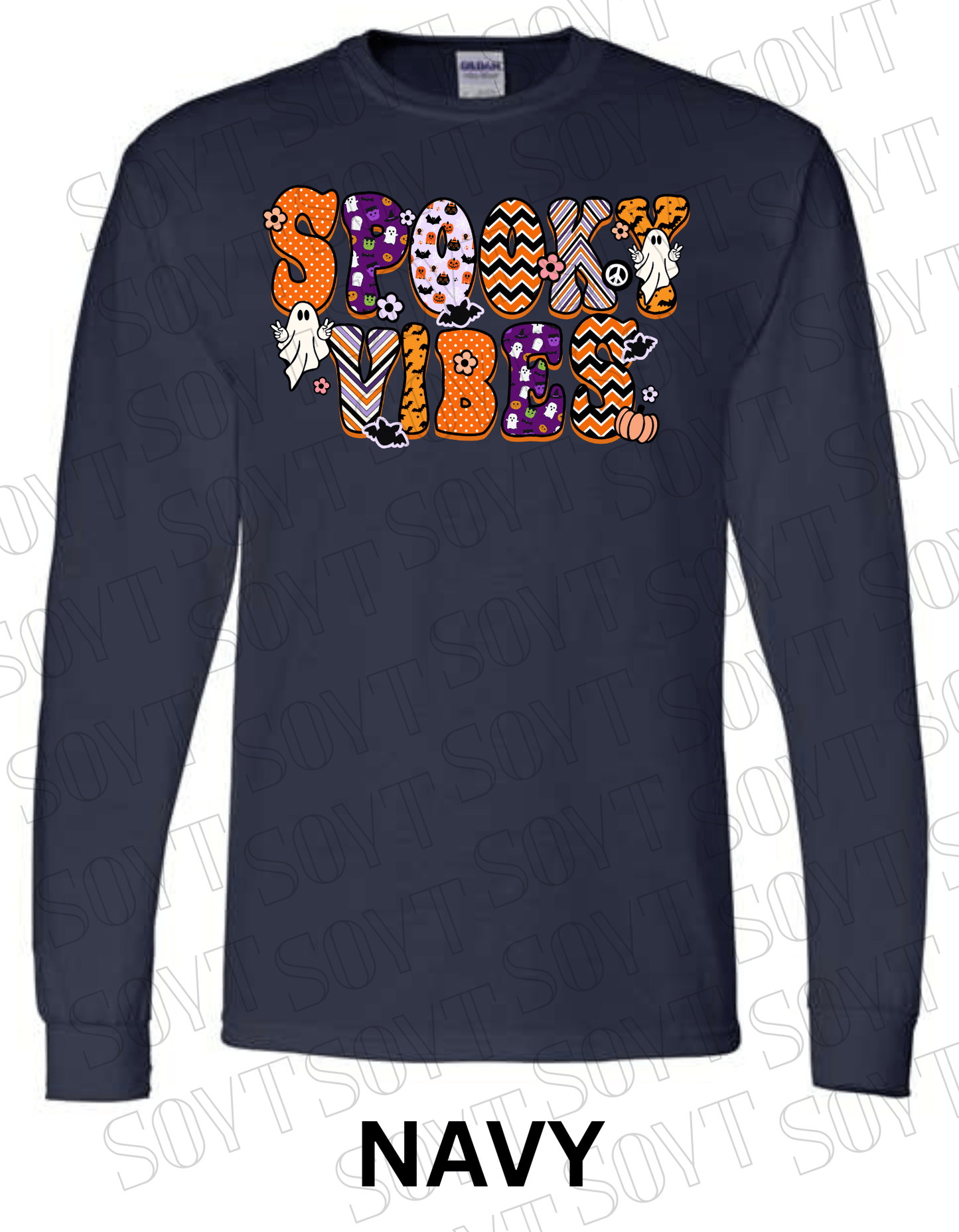 Spooky Vibes Halloween Long Sleeve – Retro Ghosts & Pumpkin Fall Graphic Tee - Festive Apparel StoreNavy Blue