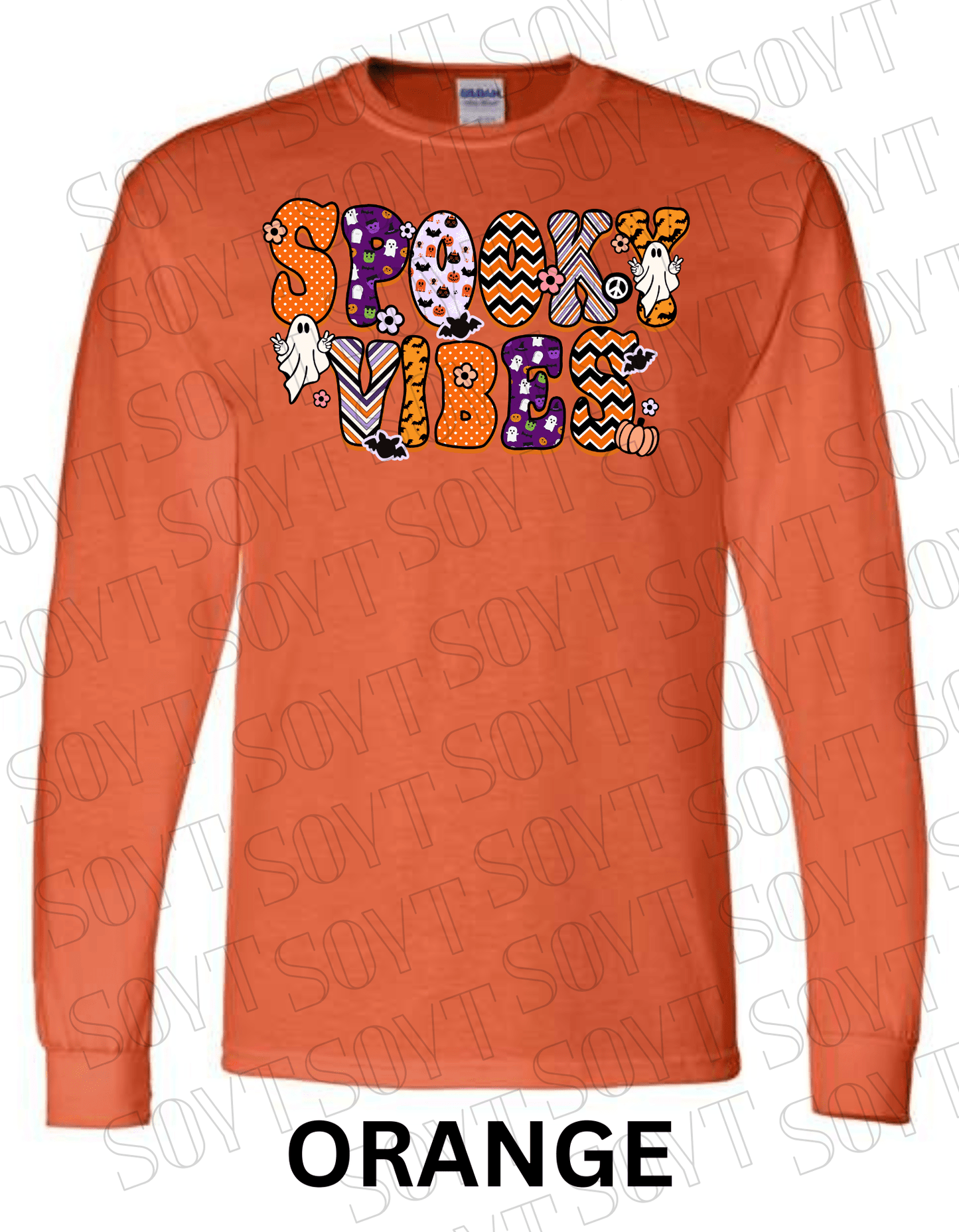 Spooky Vibes Halloween Long Sleeve – Retro Ghosts & Pumpkin Fall Graphic Tee - Festive Apparel StoreOrange
