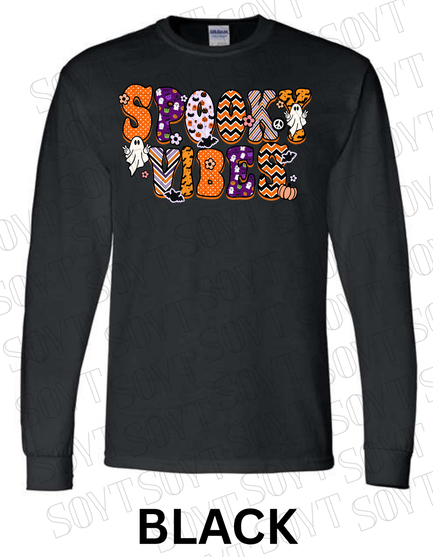 Spooky Vibes Halloween Long Sleeve – Retro Ghosts & Pumpkin Fall Graphic Tee - Festive Apparel StoreBlack