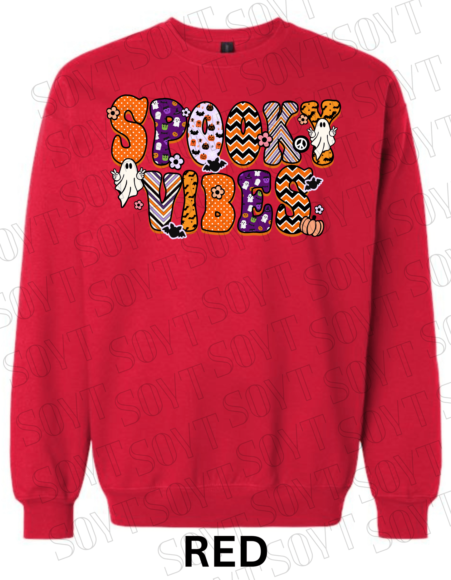Spooky Vibes Halloween Sweatshirt – Retro Ghosts & Pumpkin Fall Fleece Pullover - Festive Apparel StoreRed