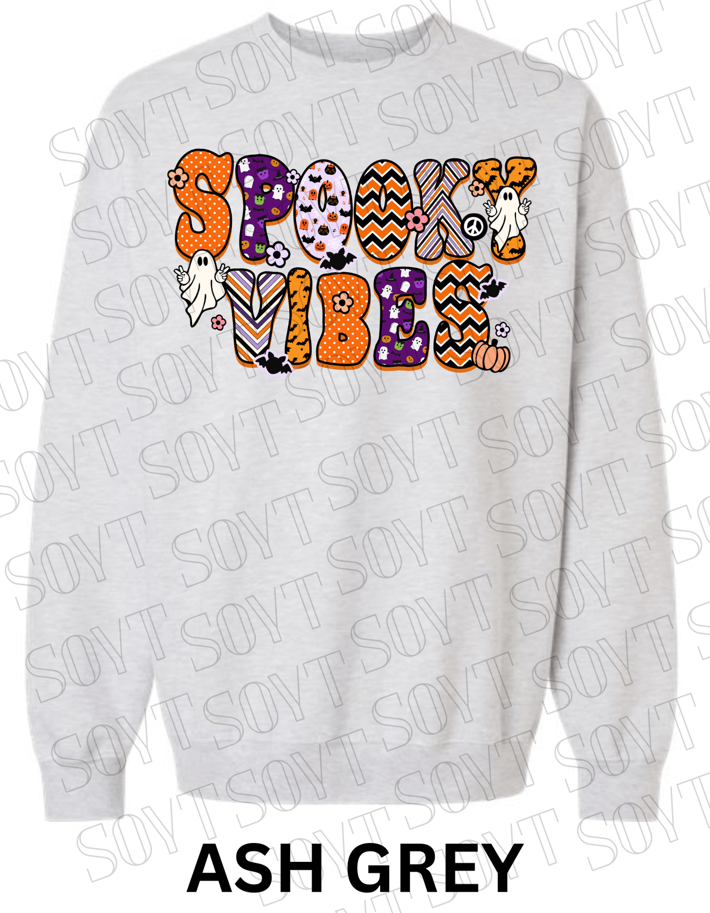 Spooky Vibes Halloween Sweatshirt – Retro Ghosts & Pumpkin Fall Fleece Pullover - Festive Apparel StoreAsh Grey