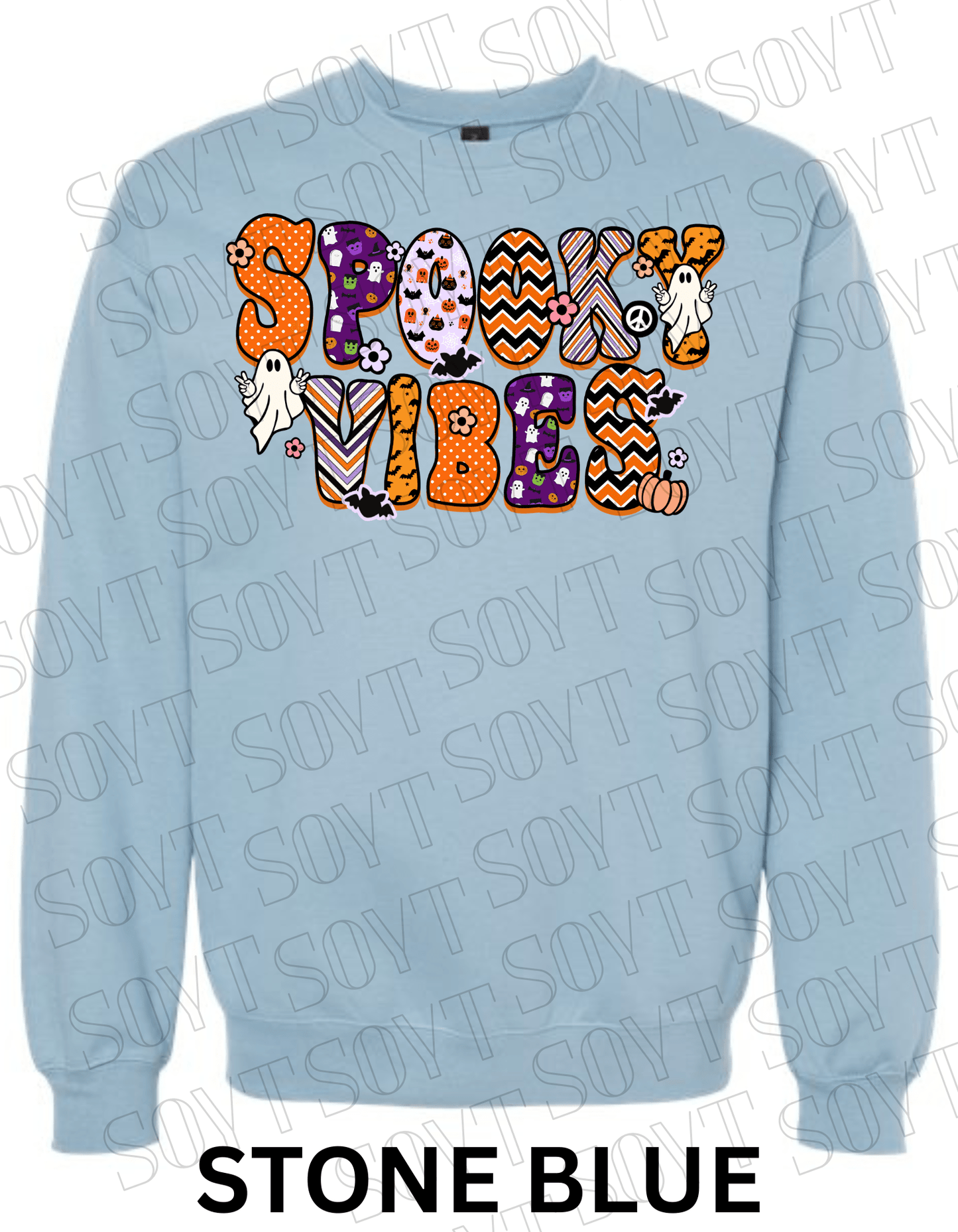 Spooky Vibes Halloween Sweatshirt – Retro Ghosts & Pumpkin Fall Fleece Pullover - Festive Apparel StoreStone Blue