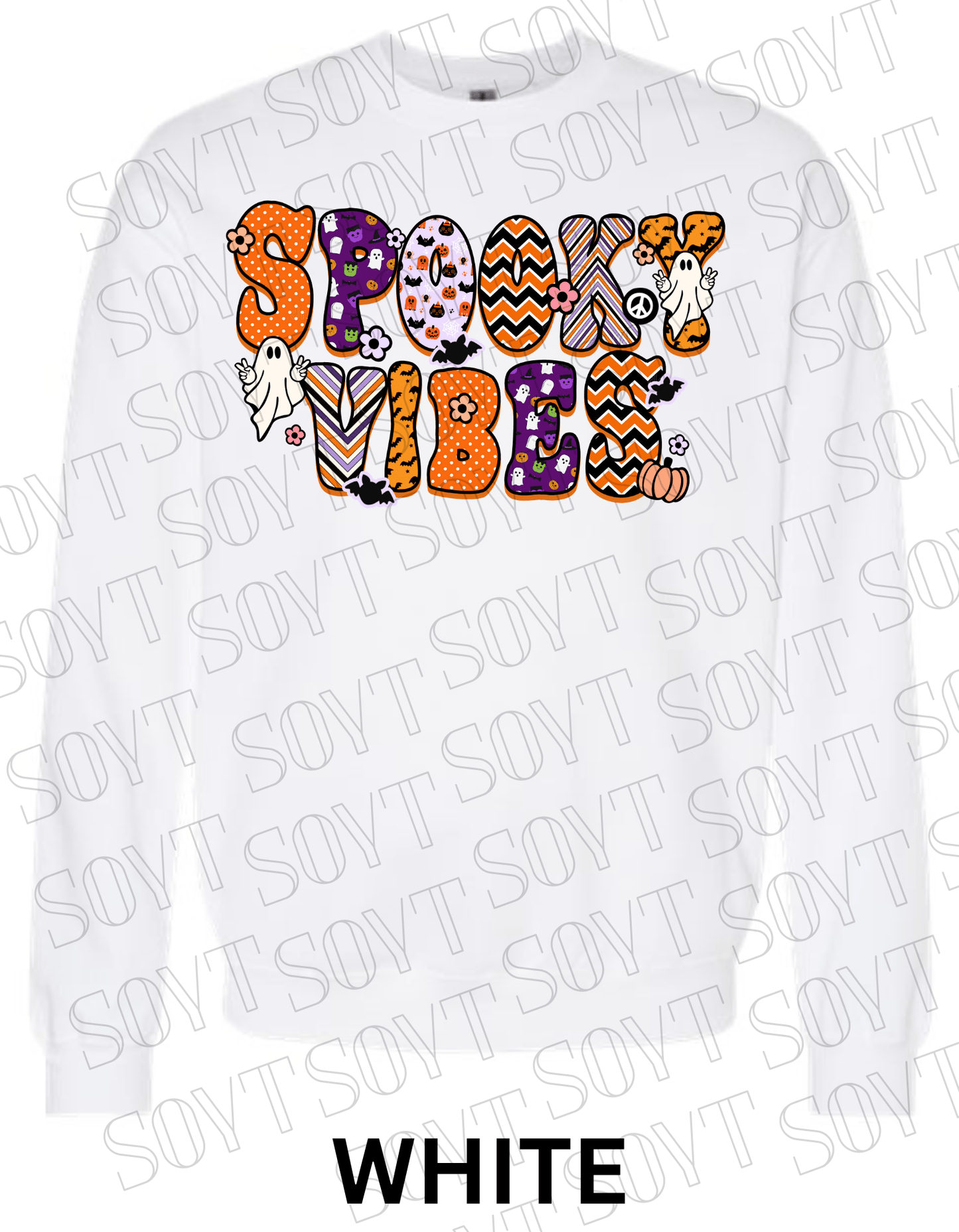 Spooky Vibes Halloween Sweatshirt – Retro Ghosts & Pumpkin Fall Fleece Pullover - Festive Apparel StoreWhite
