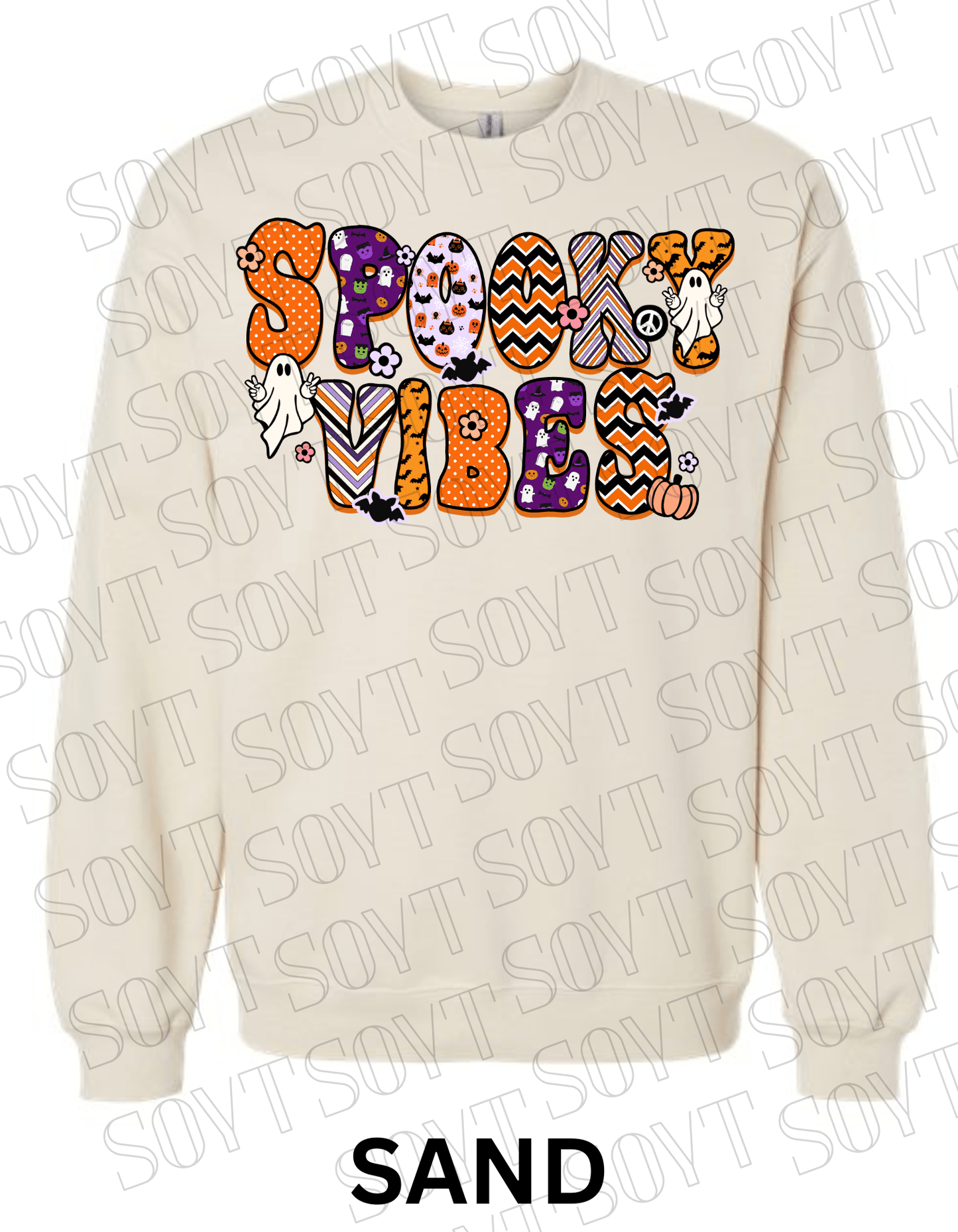 Spooky Vibes Halloween Sweatshirt – Retro Ghosts & Pumpkin Fall Fleece Pullover - Festive Apparel StoreSand