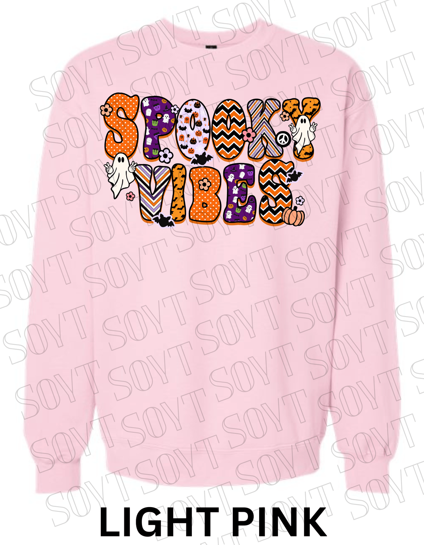 Spooky Vibes Halloween Sweatshirt – Retro Ghosts & Pumpkin Fall Fleece Pullover - Festive Apparel StoreLight Pink