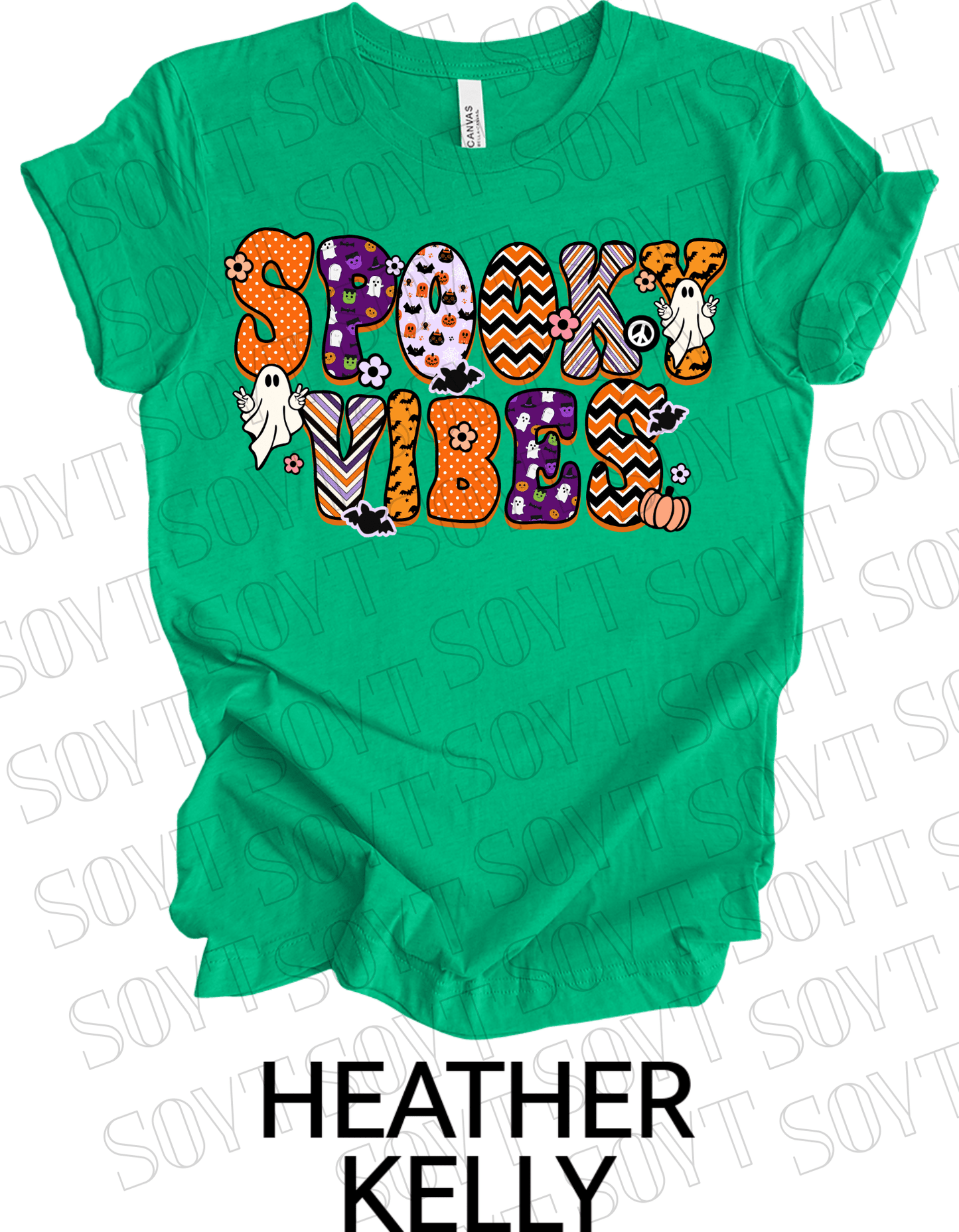 Spooky Vibes Halloween T-Shirt – Retro Ghosts, Bats & Pumpkin Graphic Tee - Festive Apparel StoreHeather Kelly Green