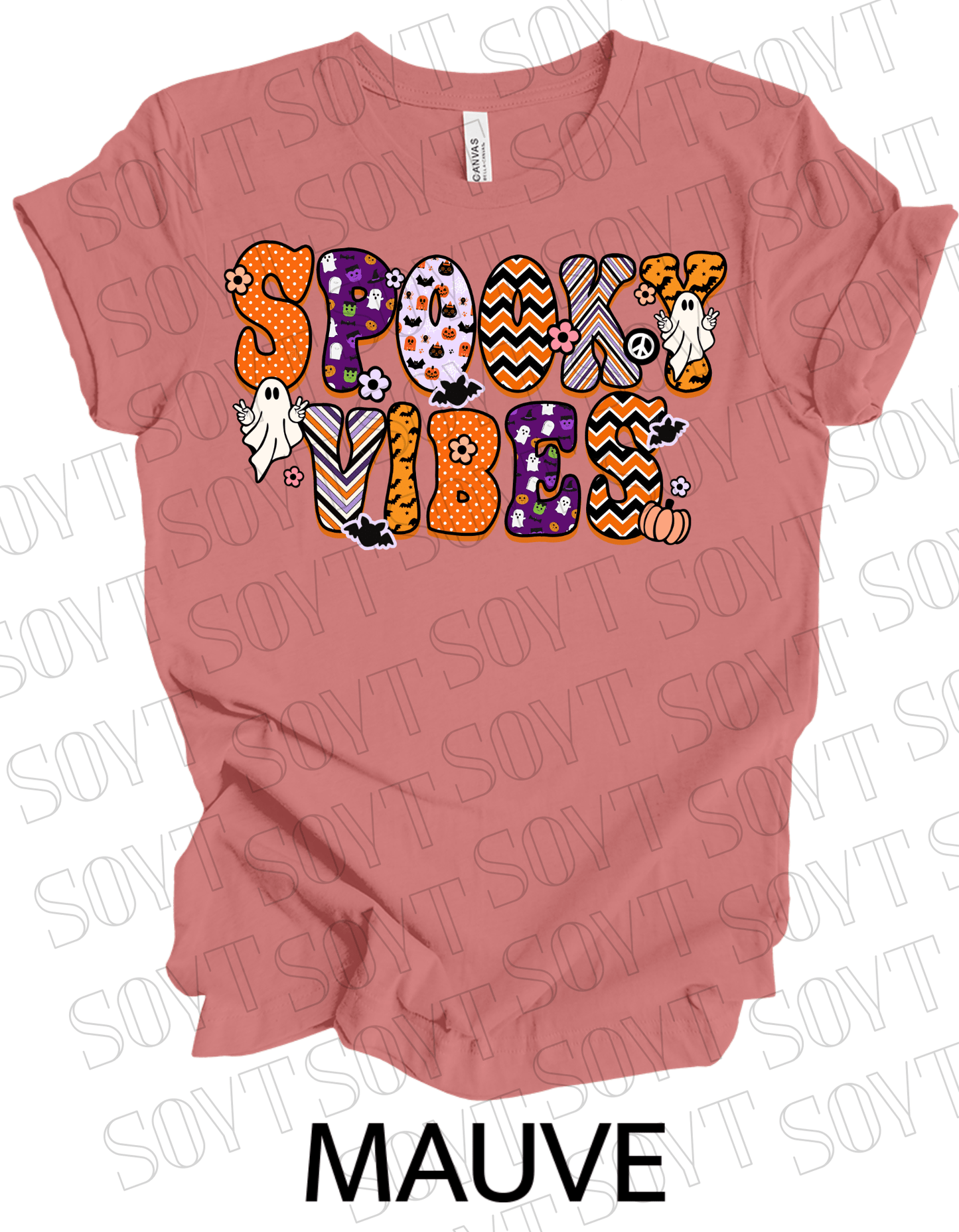 Spooky Vibes Halloween T-Shirt – Retro Ghosts, Bats & Pumpkin Graphic Tee - Festive Apparel StoreMauve