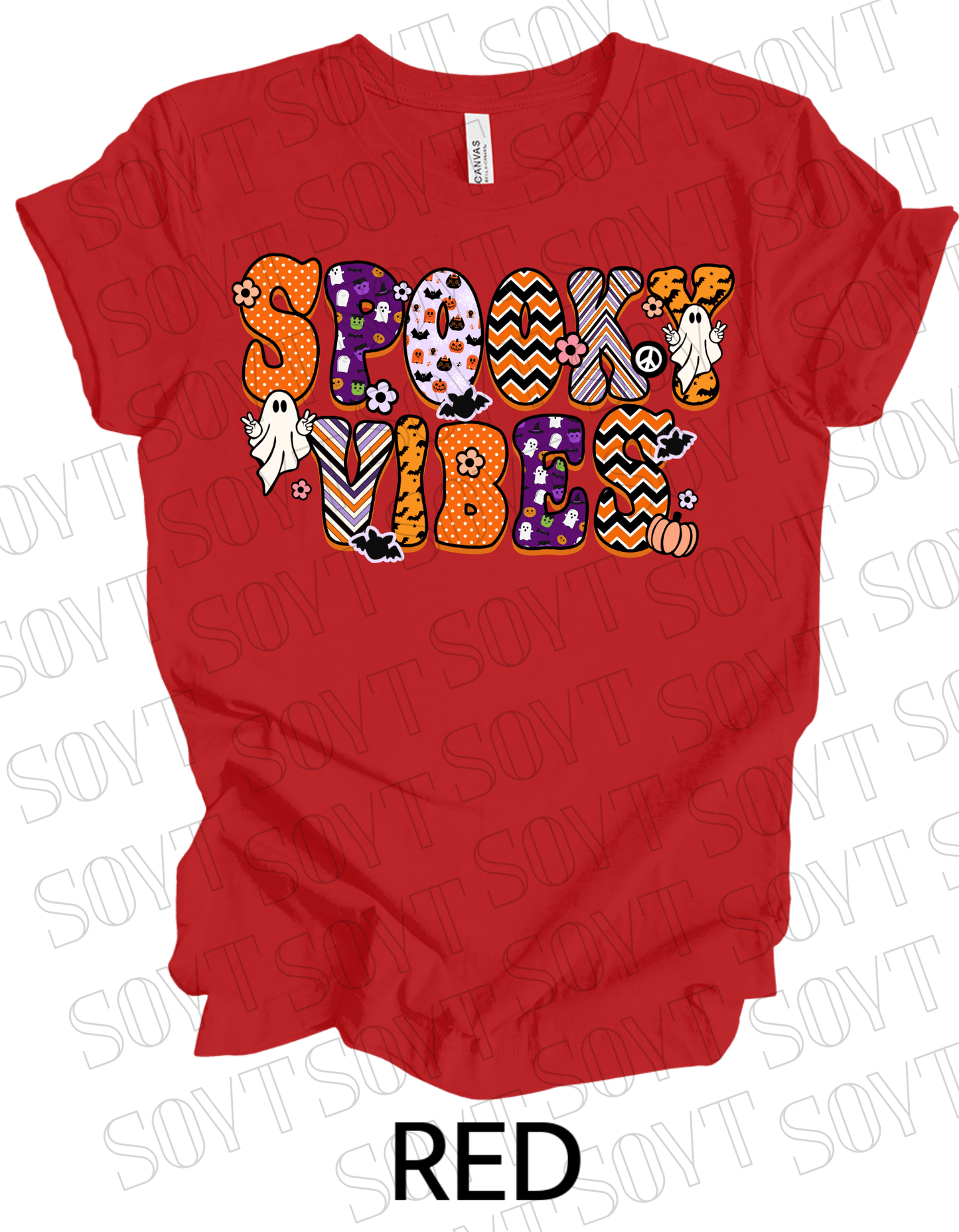 Spooky Vibes Halloween T-Shirt – Retro Ghosts, Bats & Pumpkin Graphic Tee - Festive Apparel StoreRed