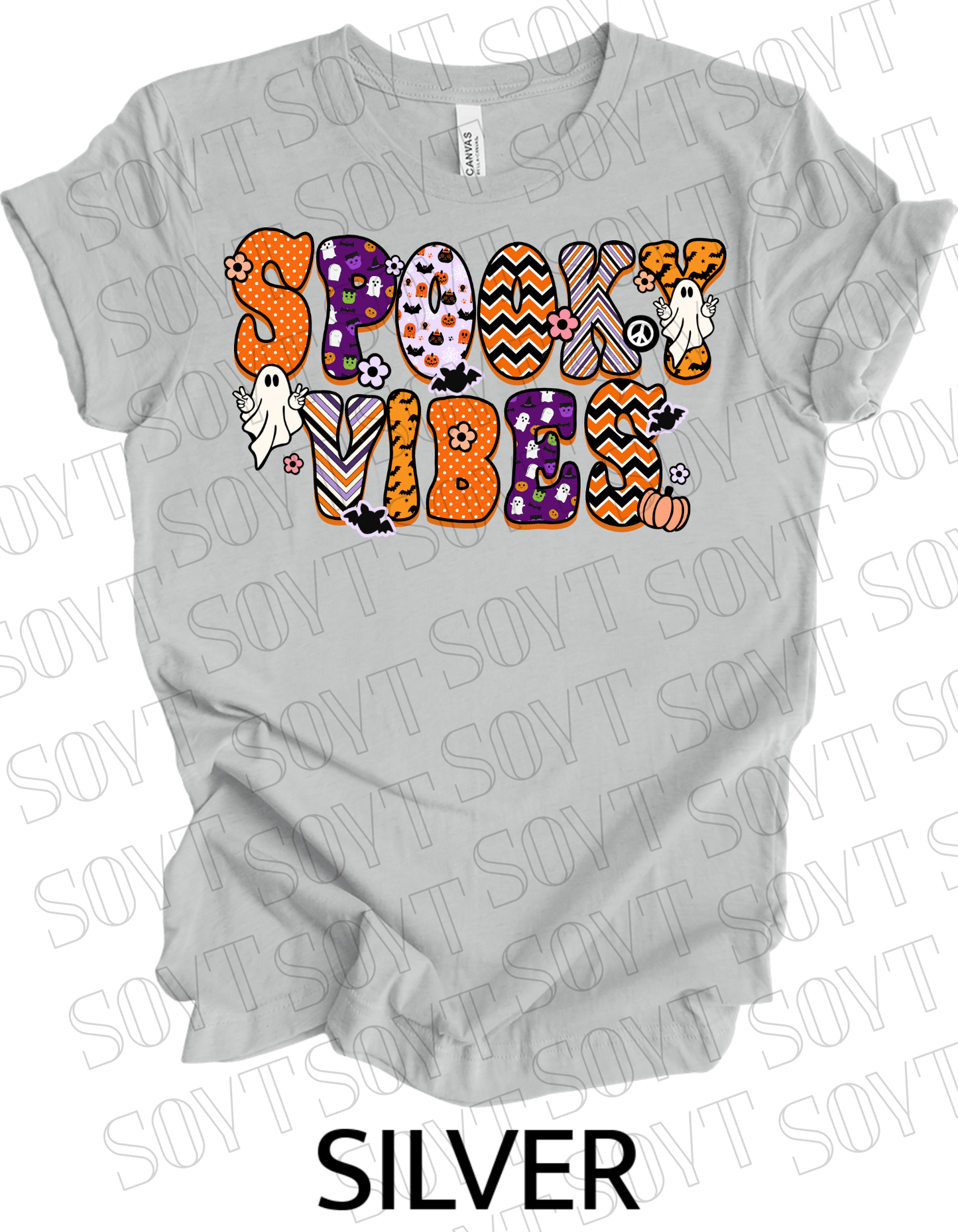 Spooky Vibes Halloween T-Shirt – Retro Ghosts, Bats & Pumpkin Graphic Tee - Festive Apparel StoreSilver